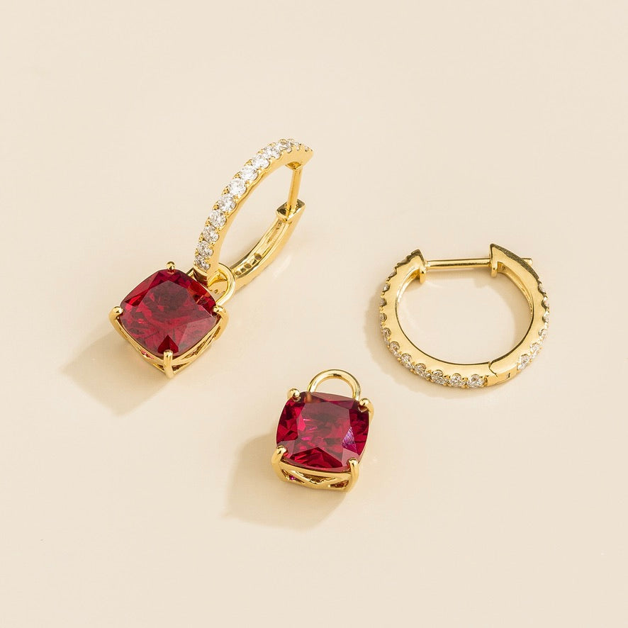 Roue Ruby Cushion Cut & Diamond Hoop Drop Earrings in Gold