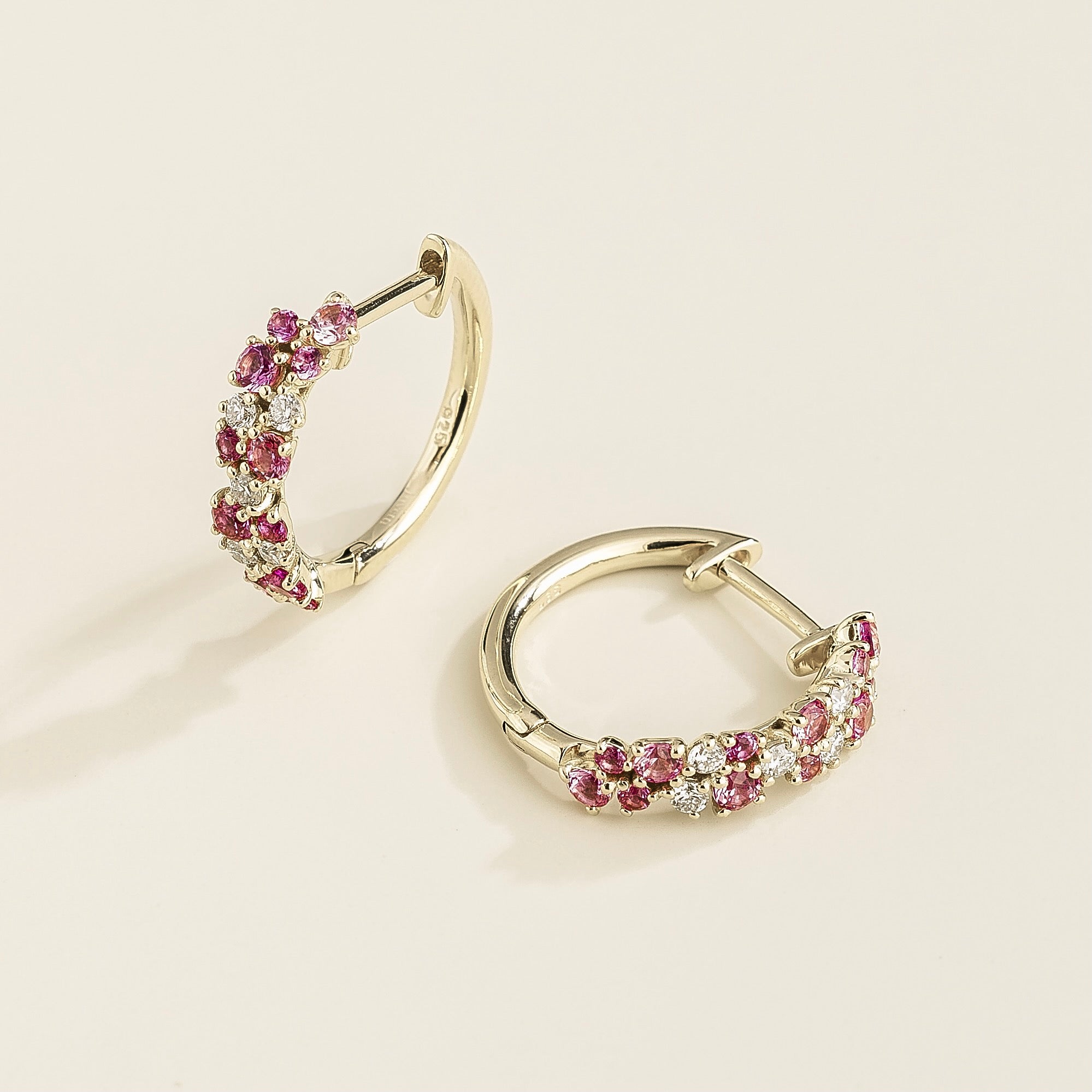Starry Pink Sapphire & Diamond Huggie Hoop Earrings in White Gold