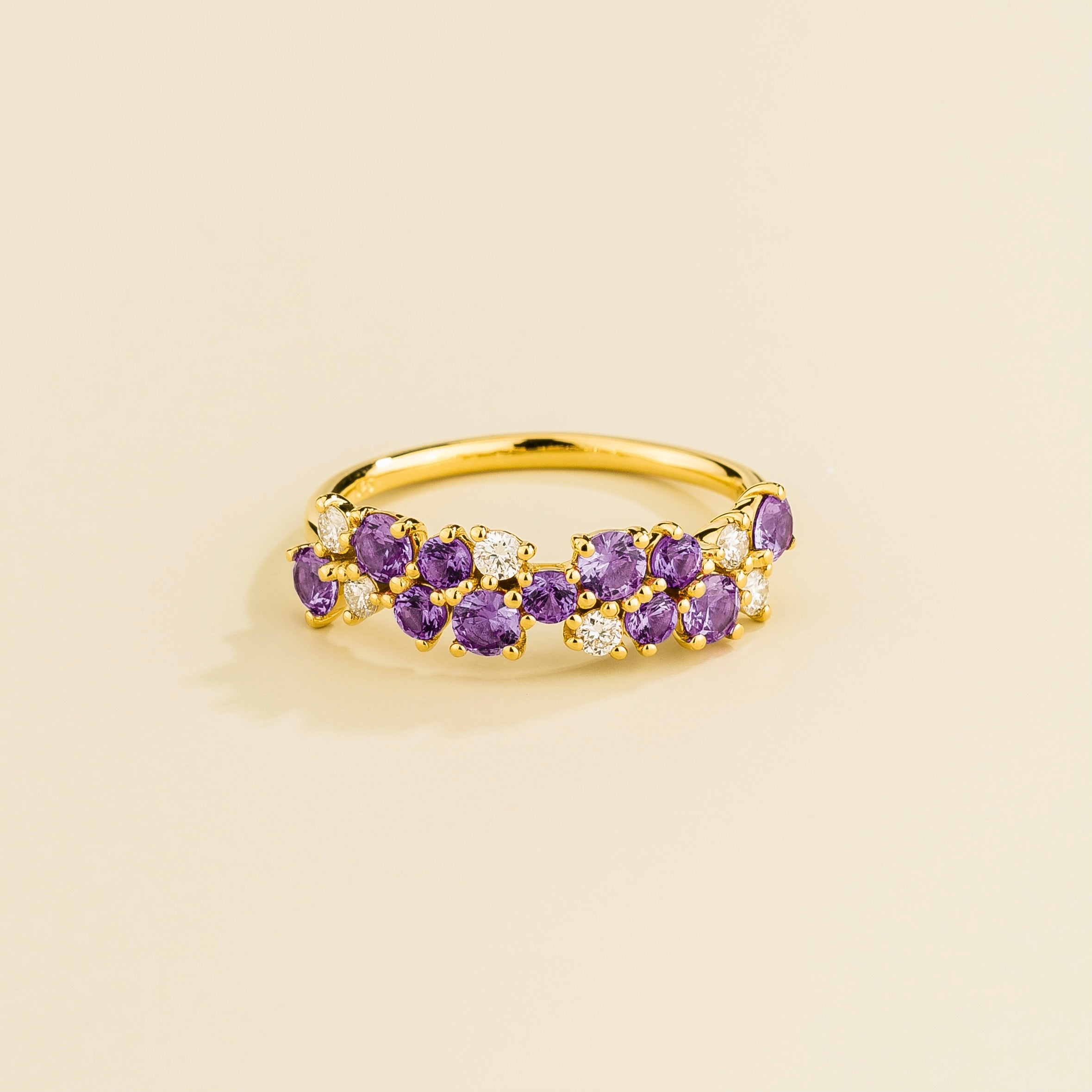 Starry Gold Ring With Cluster Round Purple Sapphire & Diamond