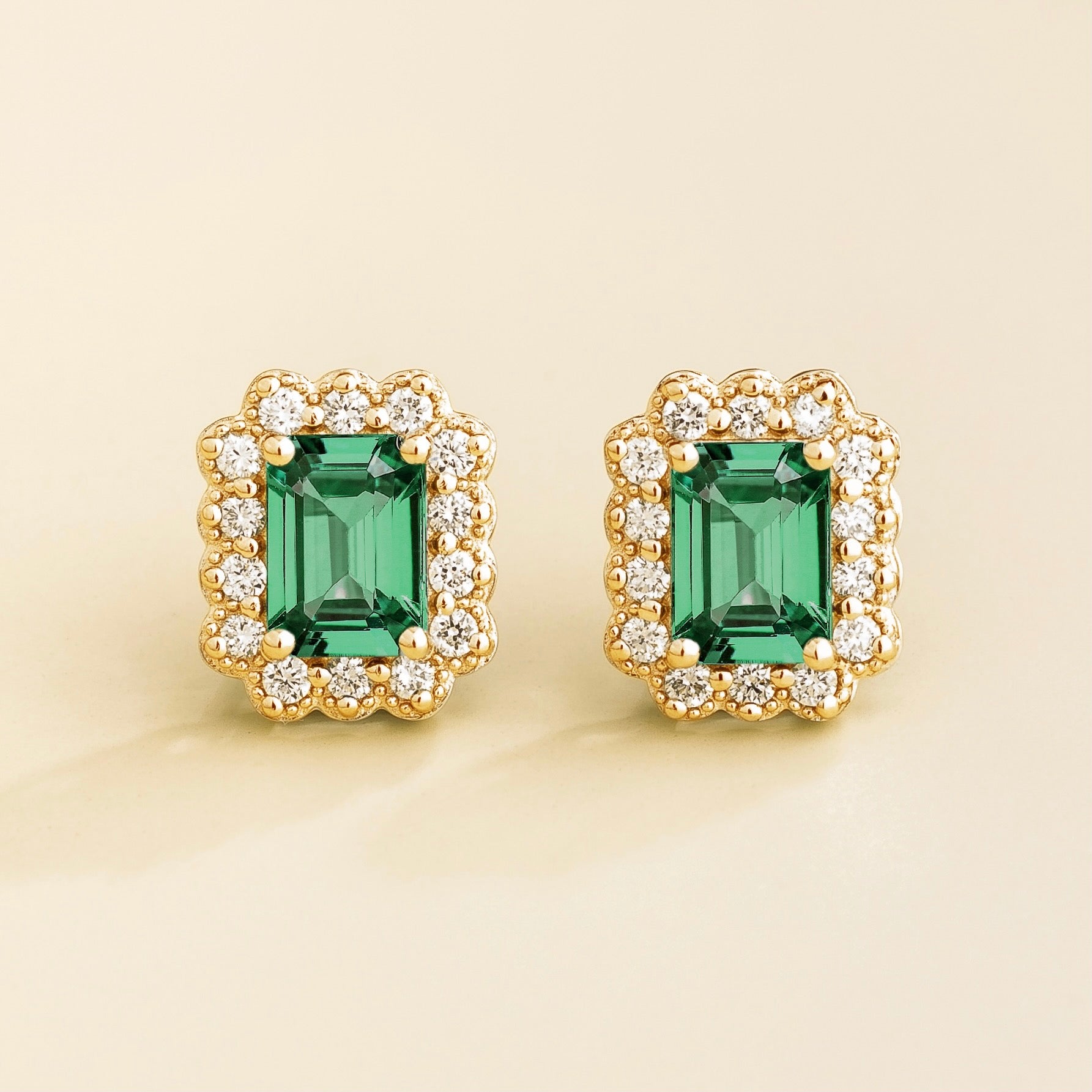 Verda Emerald Emerald-Cut & Diamond Halo Stud Earrings in Gold