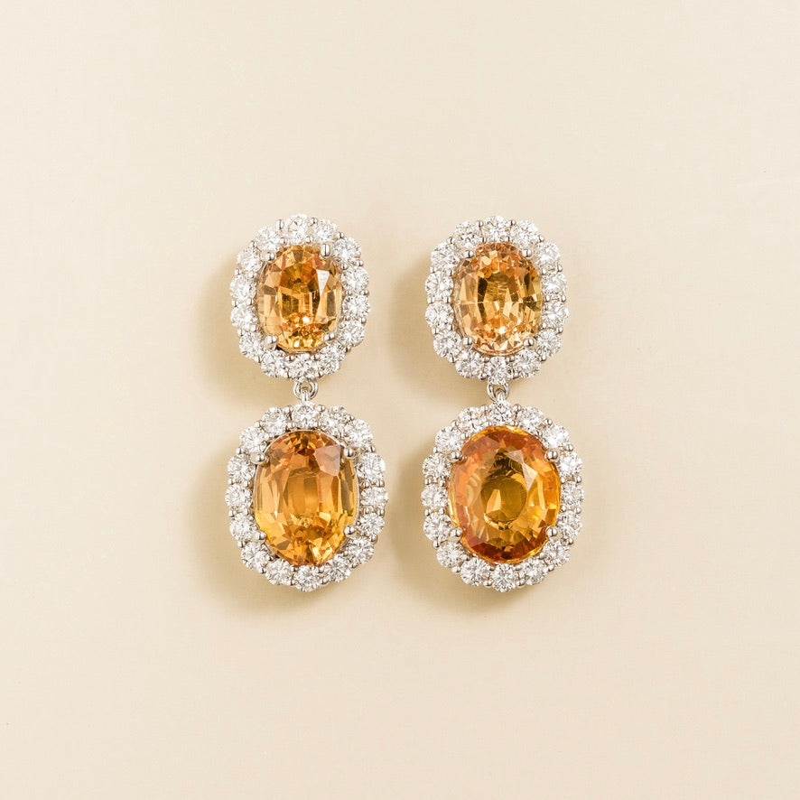 Salve Oval Yellow Sapphire & Diamond Halo Drop Earrings in White Gold