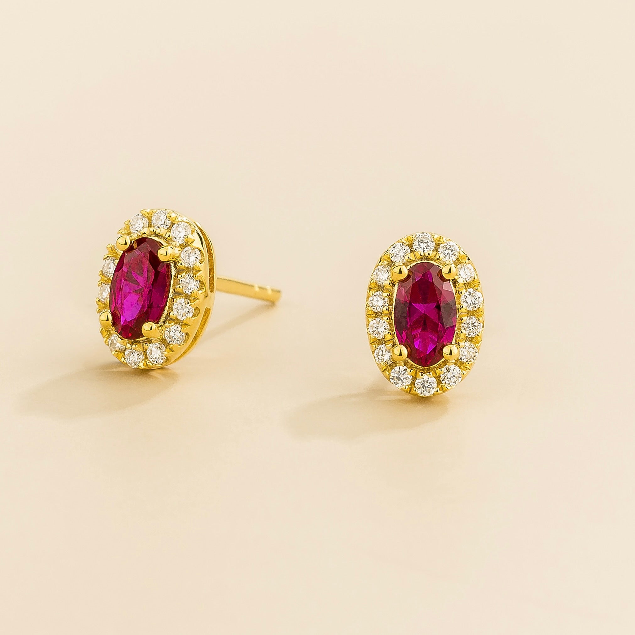 Mina Oval Ruby & Diamond Halo Earrings In Gold - Mini