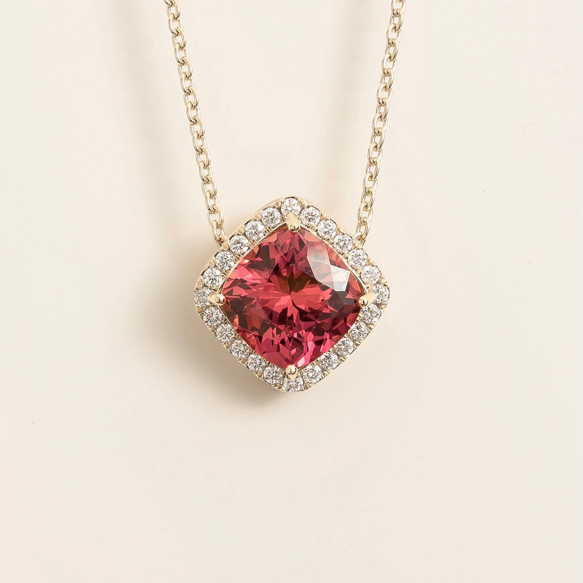 Pude Padparadscha Sapphire Cushion Cut & Diamond Halo White Gold Necklace