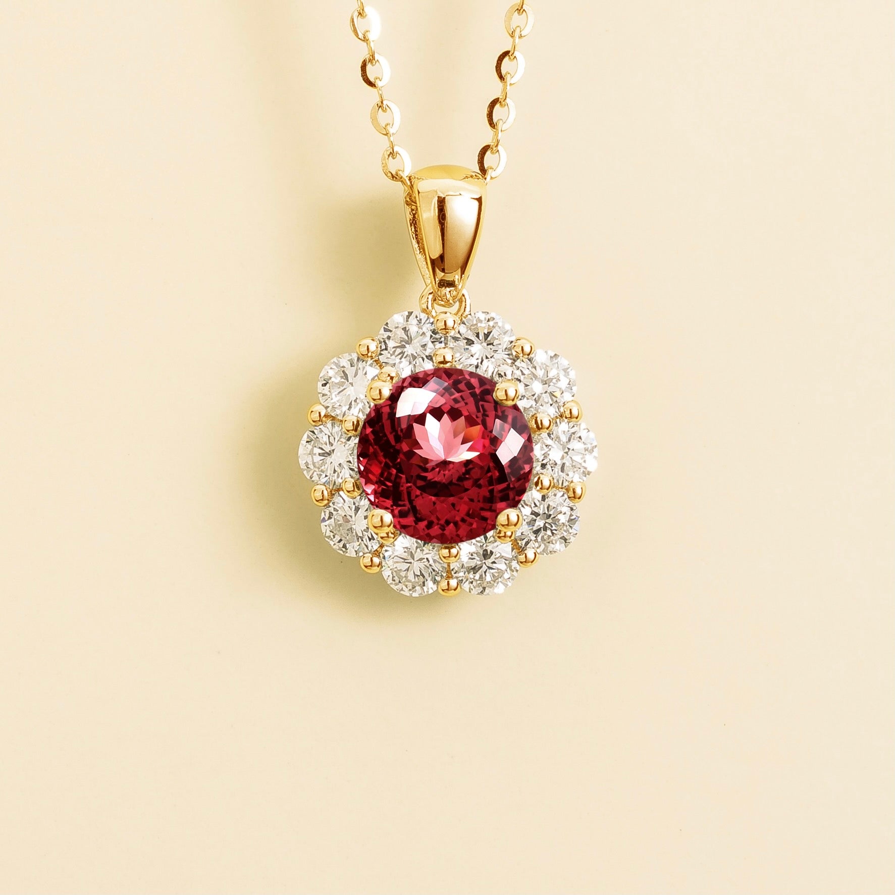 Floret Ruby Round & Diamond Halo Pendant Necklace in Gold
