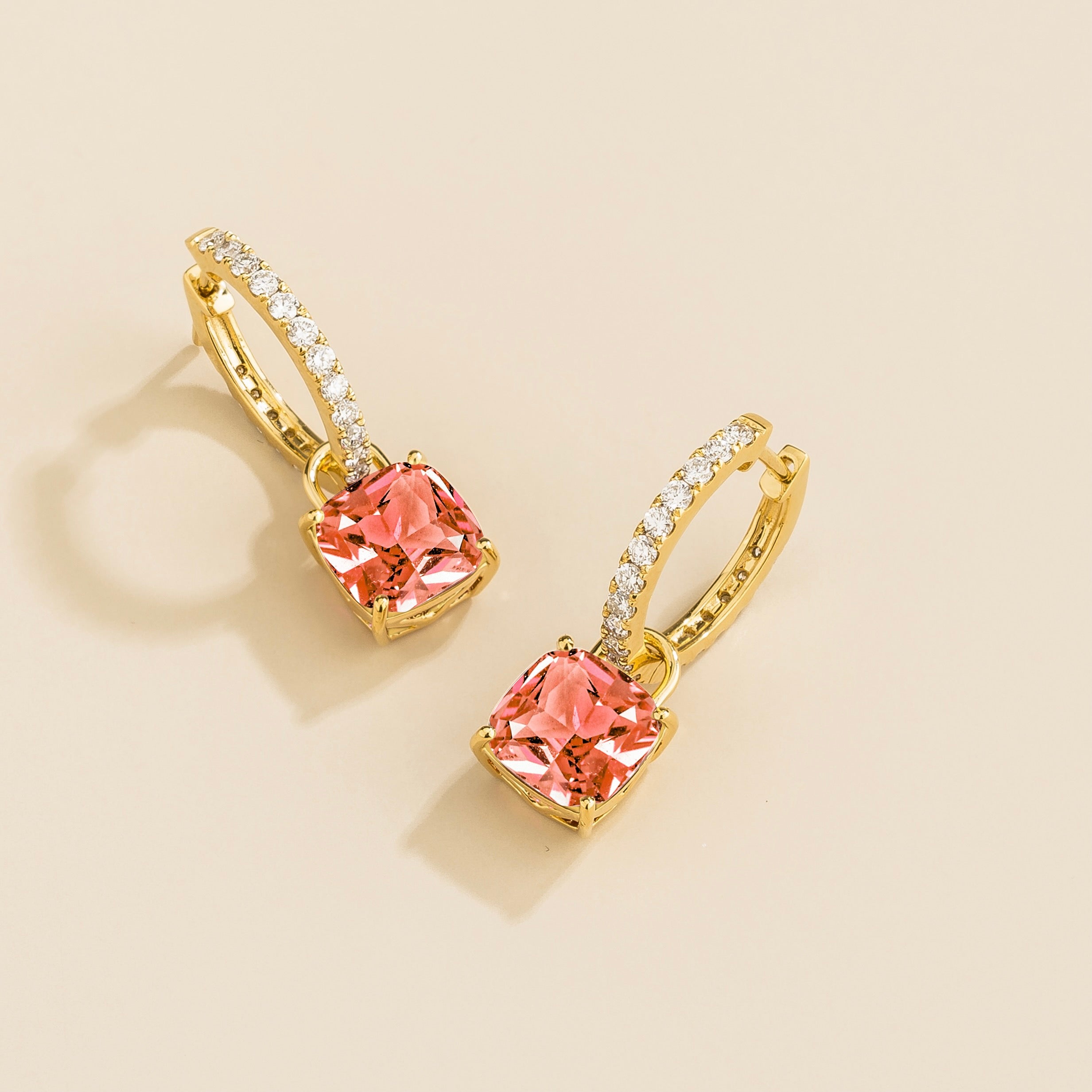 Oreol Padparadscha Sapphire Cushion Cut & Diamond Hoop Drop Earrings in Gold