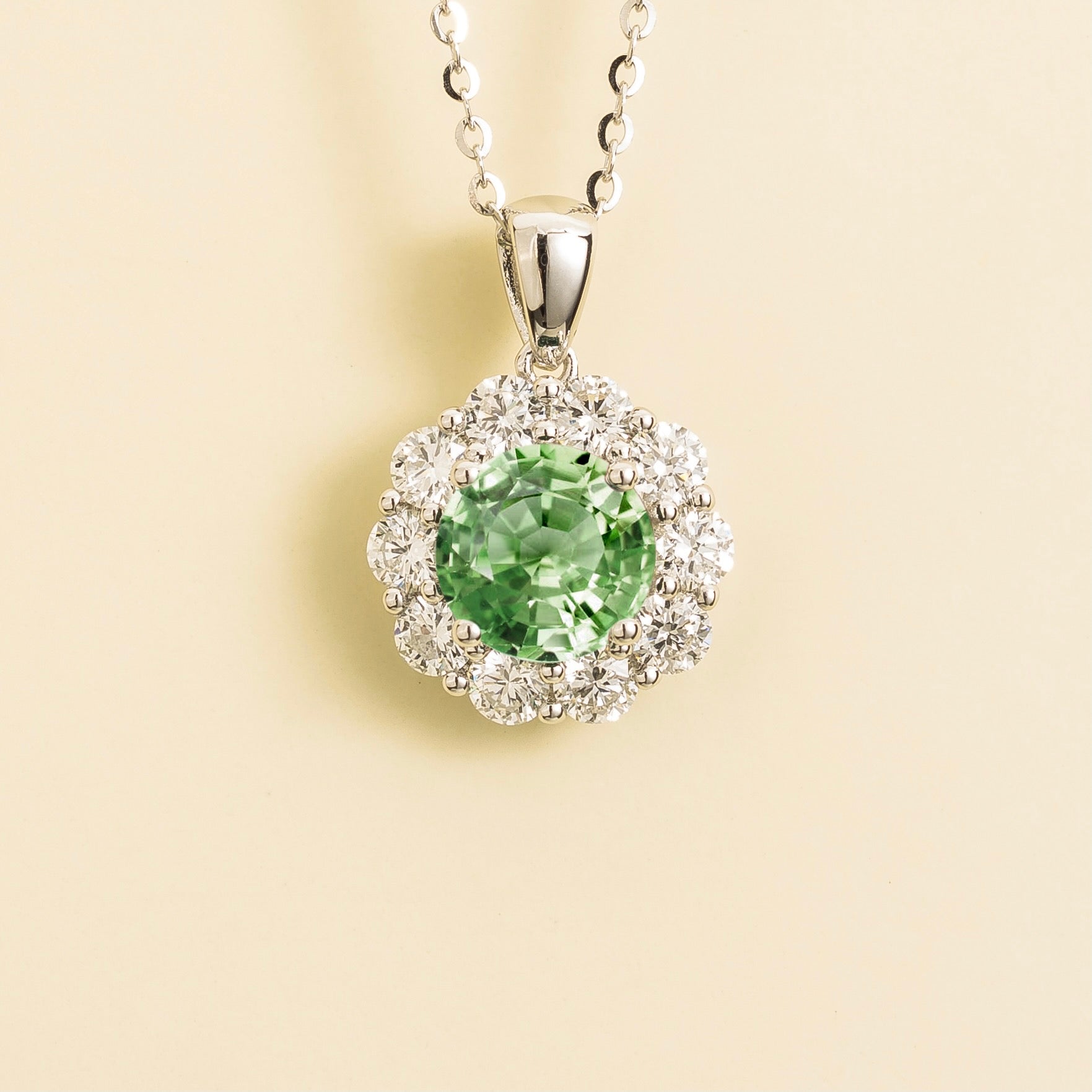 Floret Green Sapphire Round & Diamond Halo Pendant Necklace in White Gold