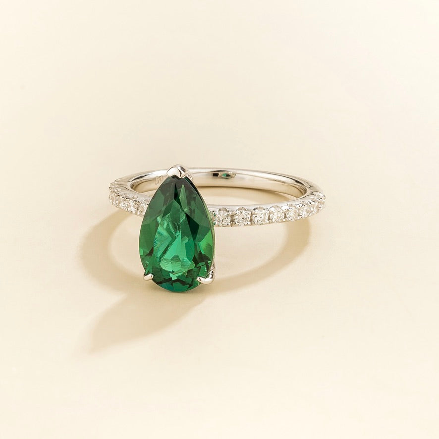Ostry Emerald Pear-Cut and Diamond Pave Shoulder Ring