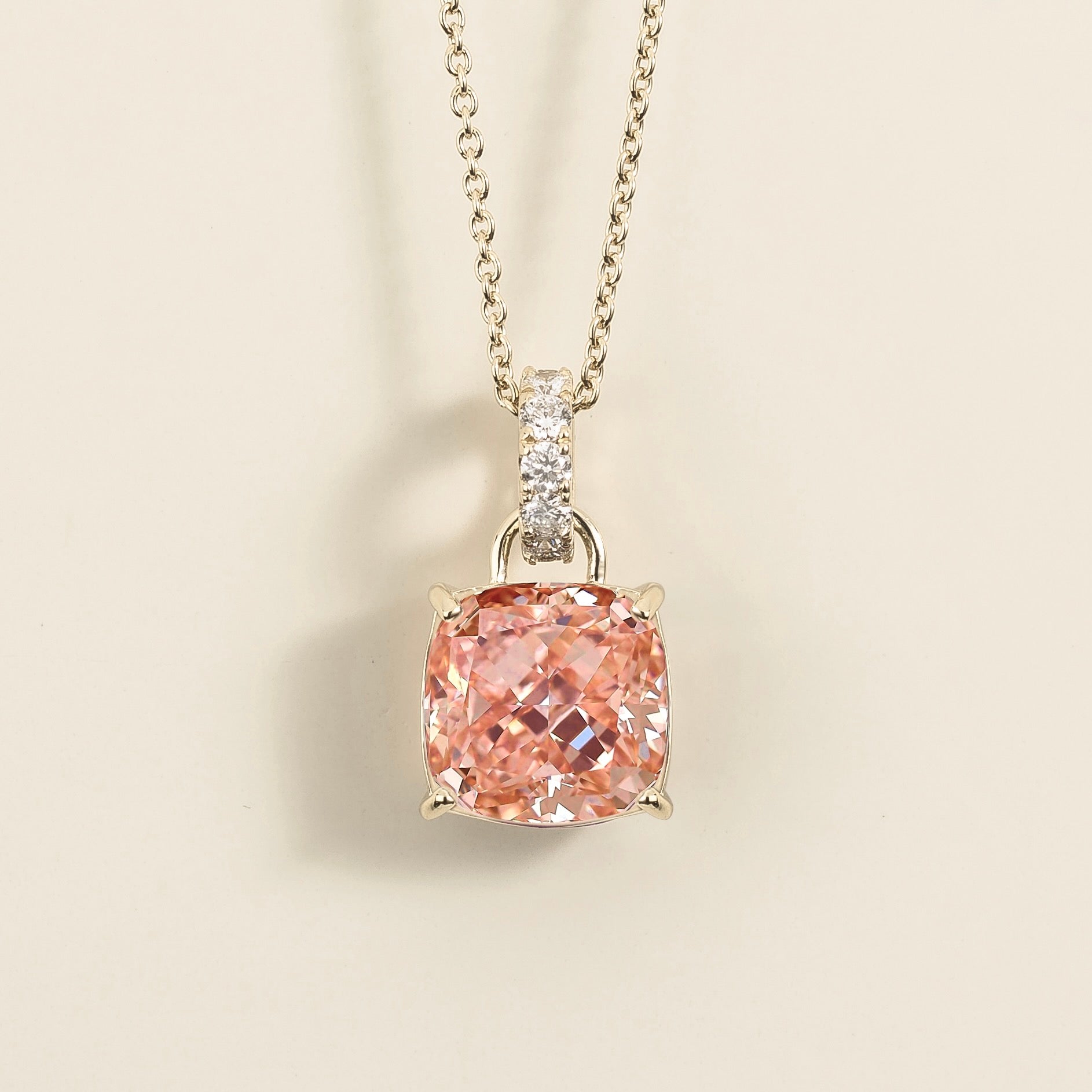 Oreol Padparadscha Sapphire Cushion Cut & Diamond Hoop Pendant Necklace in White Gold