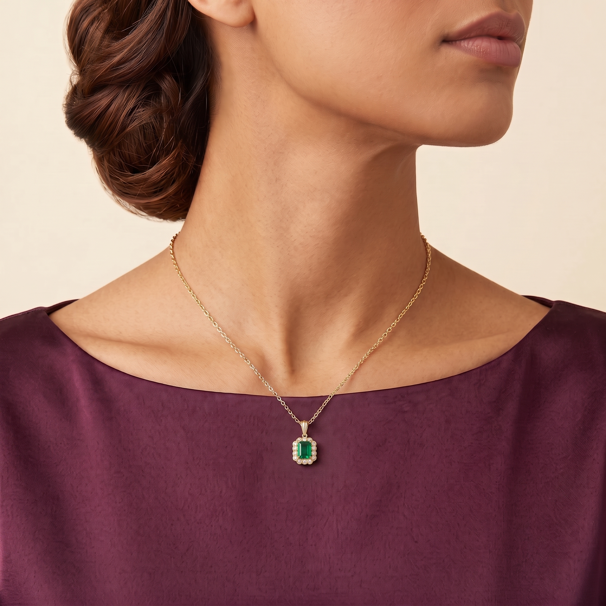 Emerald-cut Emerald & Diamond Halo Pendant Necklace in Gold