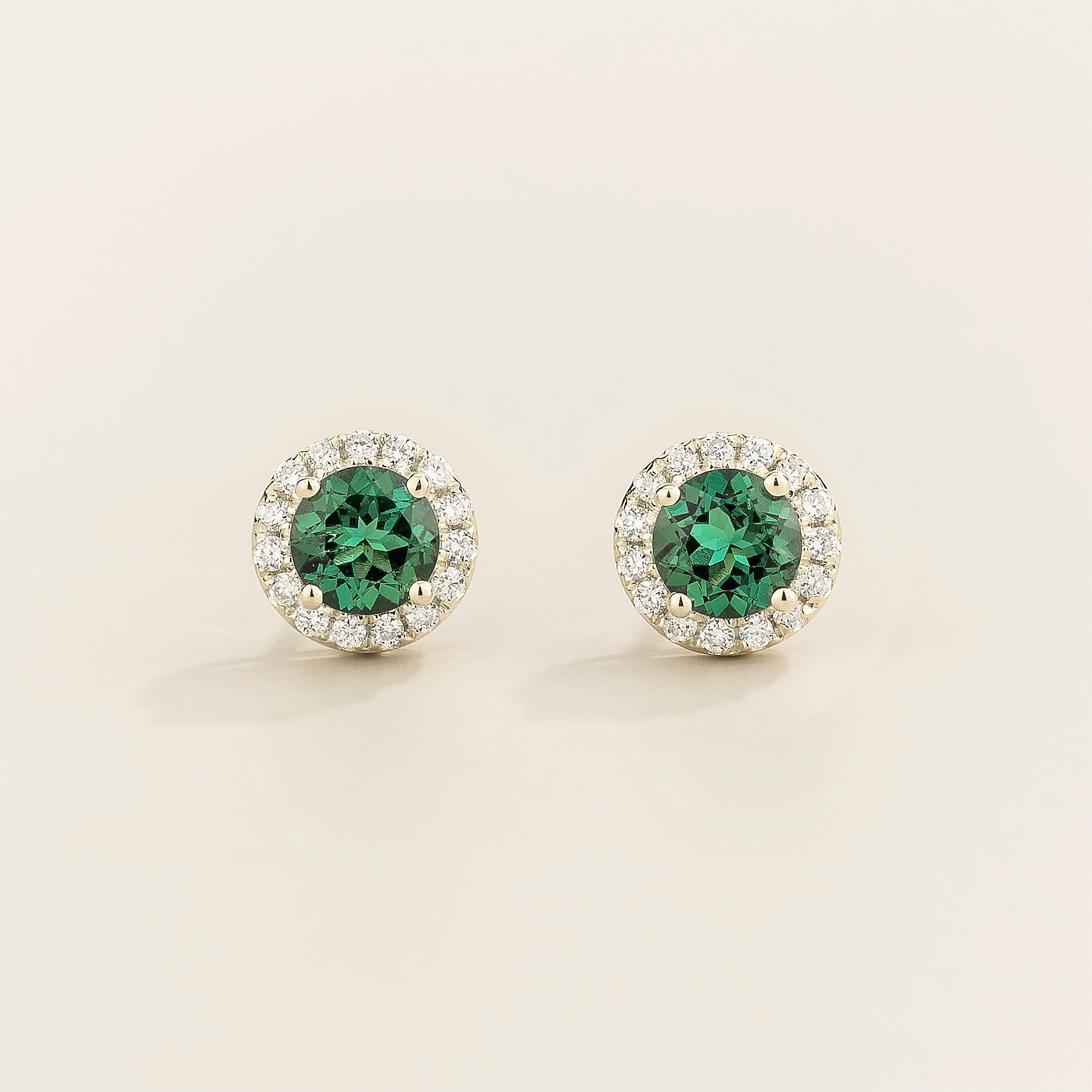 Mars Emerald Round & Diamond Halo Earrings In White Gold