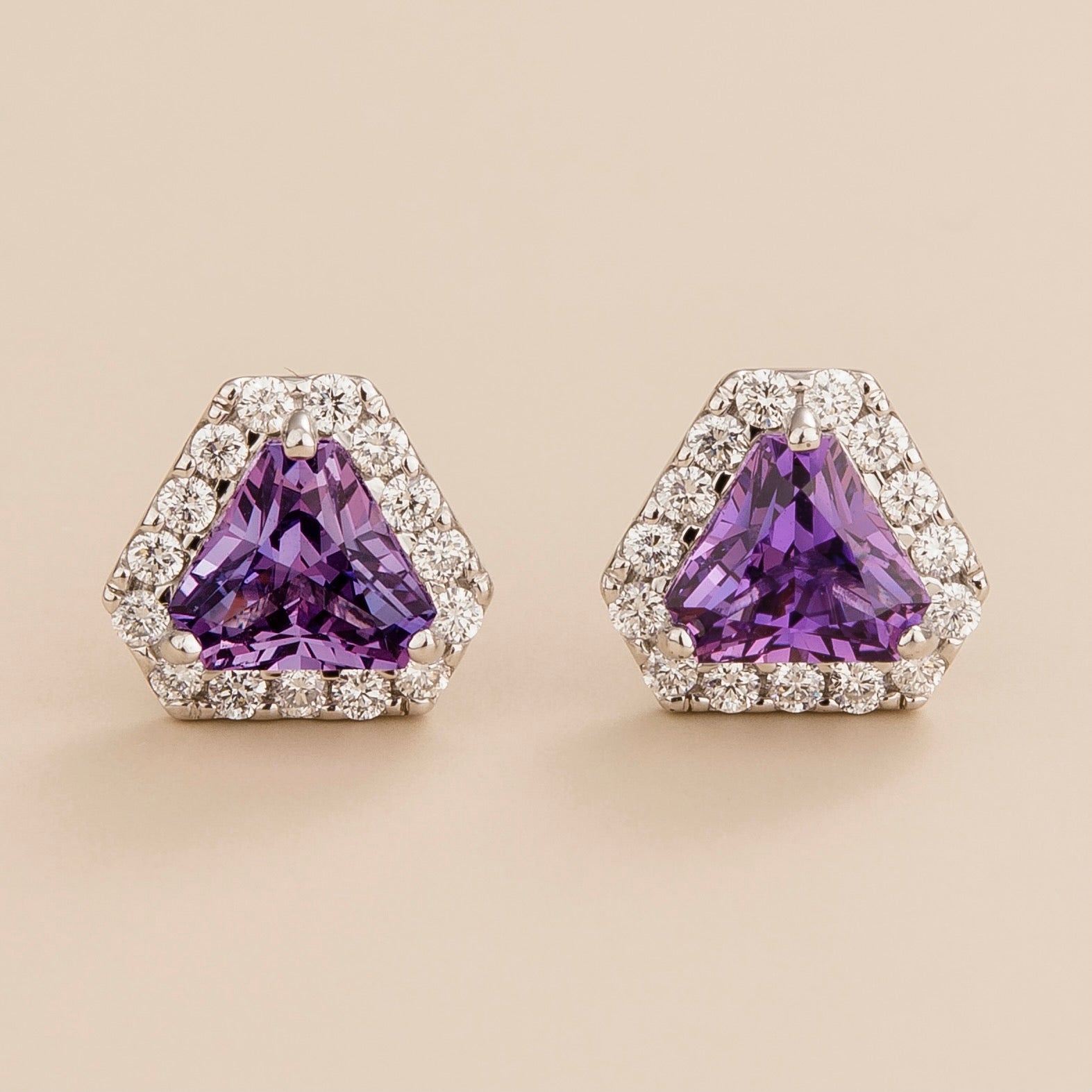 Diana Purple Sapphire Triangle Cut & Diamond Halo Stud Earrings in White Gold