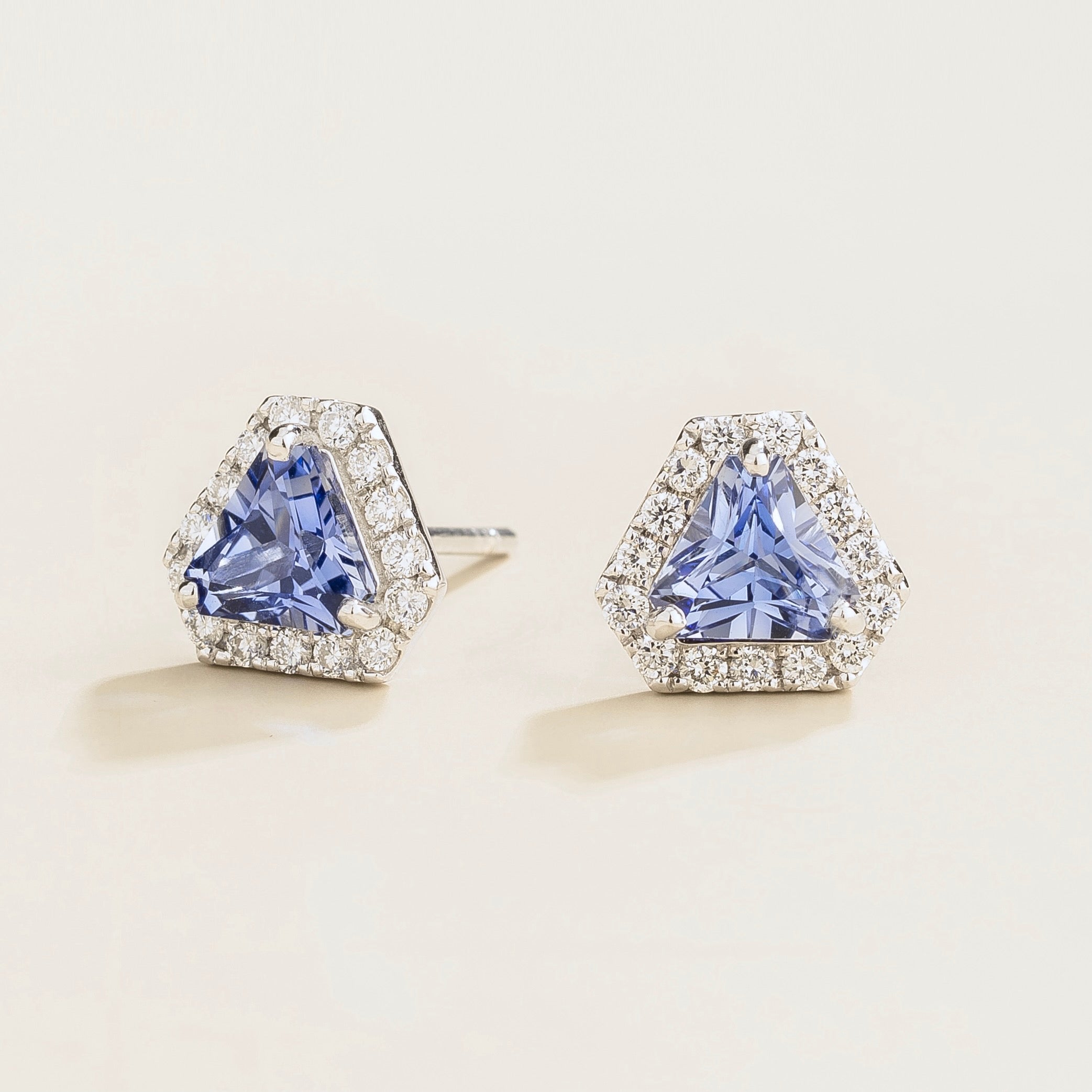Diana Pastel Blue Sapphire Triangle Cut & Diamond Halo Stud Earrings in White Gold