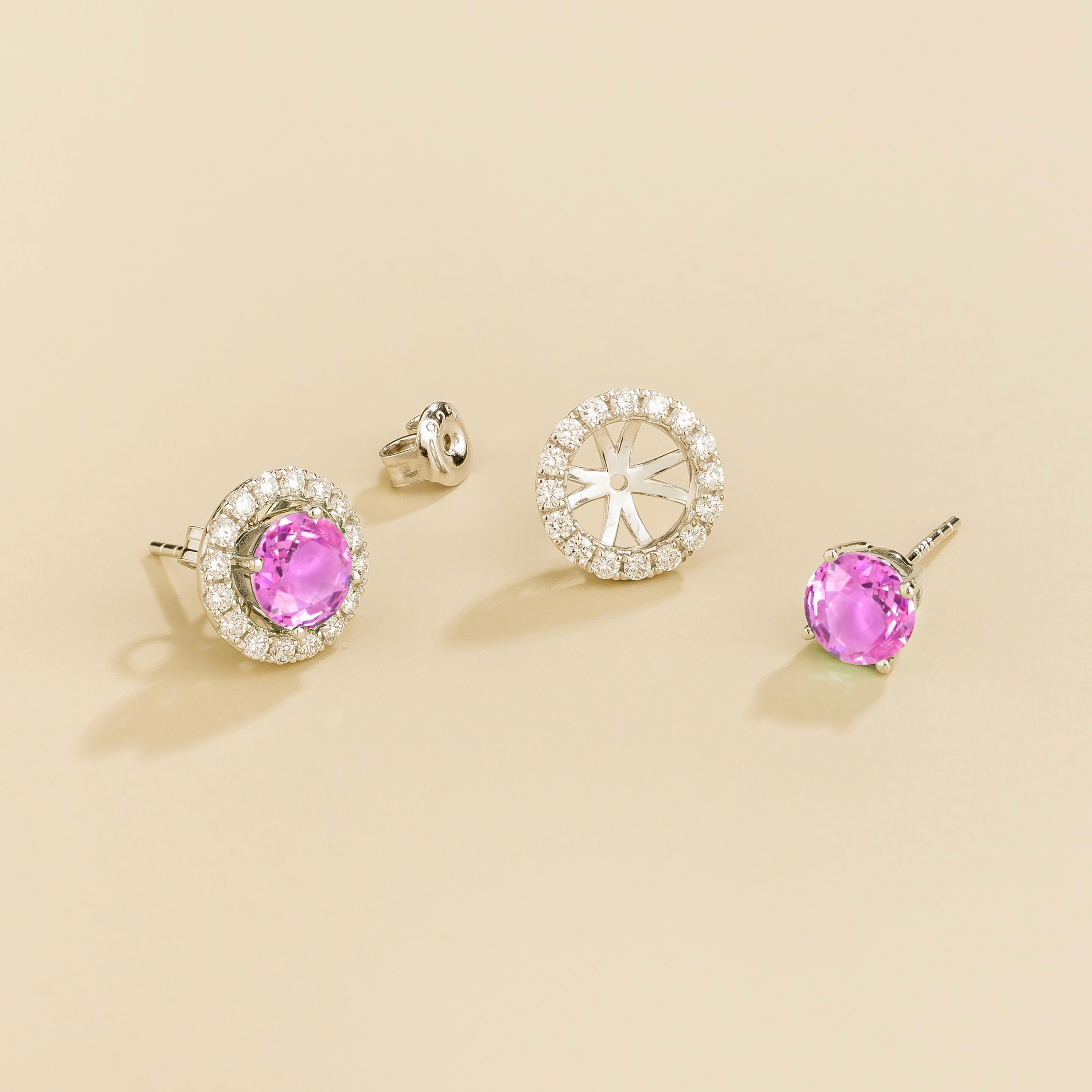 Floret Pastel Pink Sapphire Round & Diamond Halo Stud Earrings in White Gold