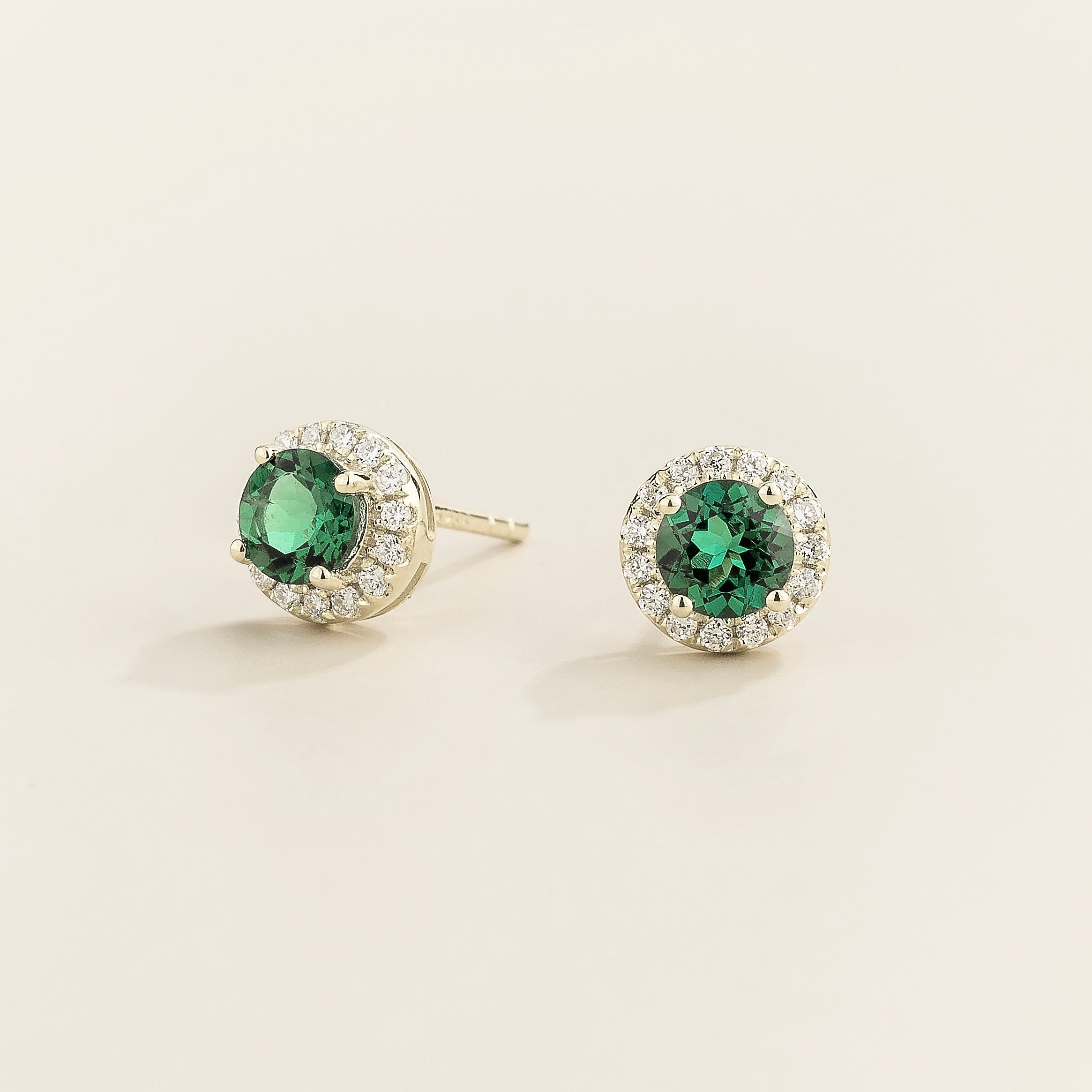 Mars Emerald Round & Diamond Halo Earrings In White Gold