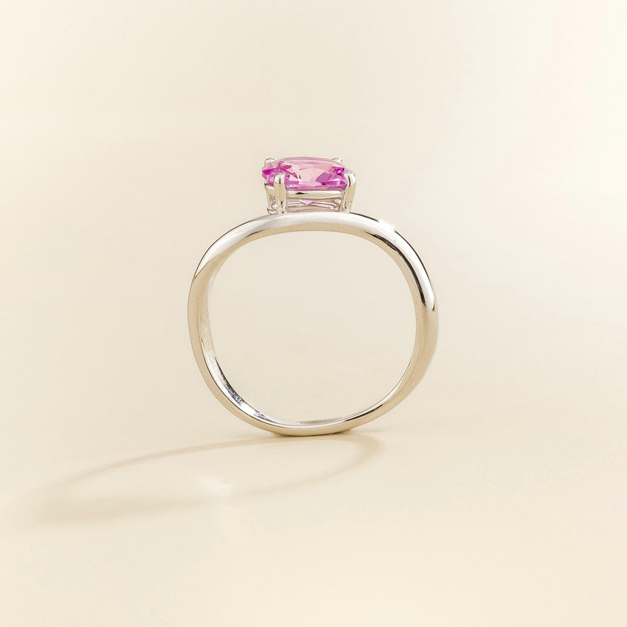 Luno Vivid Pink Sapphire Oval Solitaire Curved Band Ring in White Gold