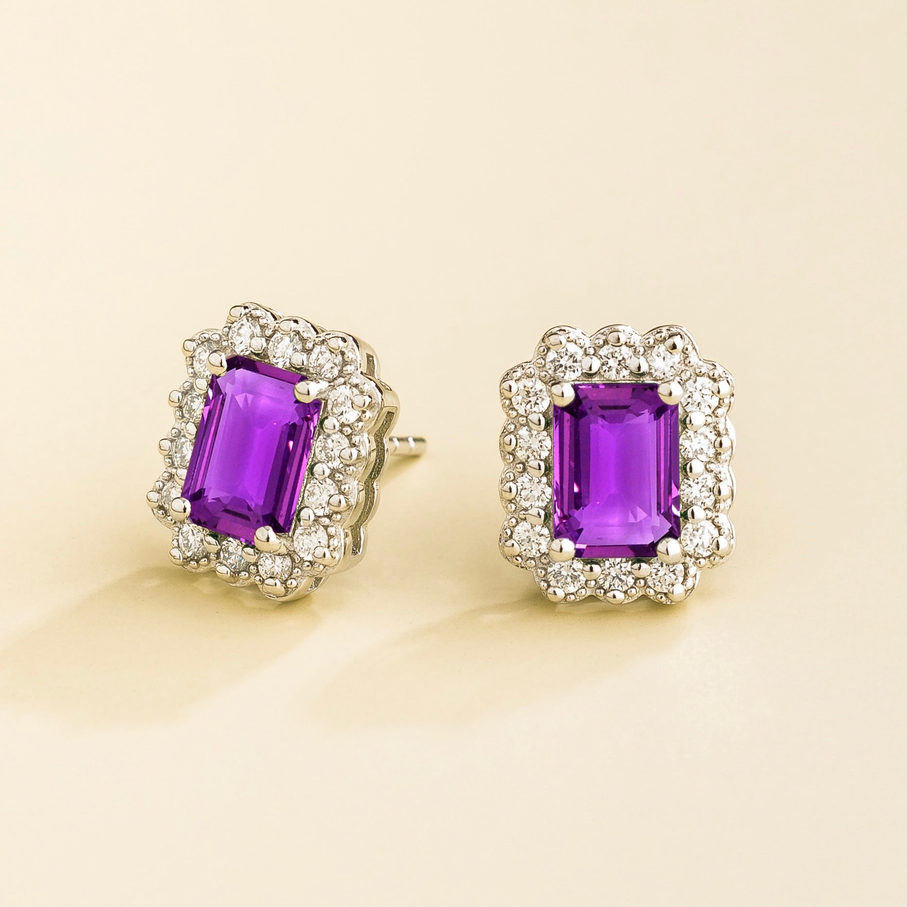 Verda Purple Sapphire Emerald-Cut & Diamond Halo Stud Earrings in White Gold