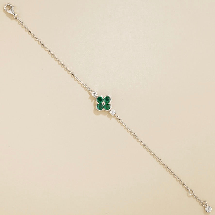 Emerald and Diamond Four-Leaf Clover Chain Bracelet in White Gold