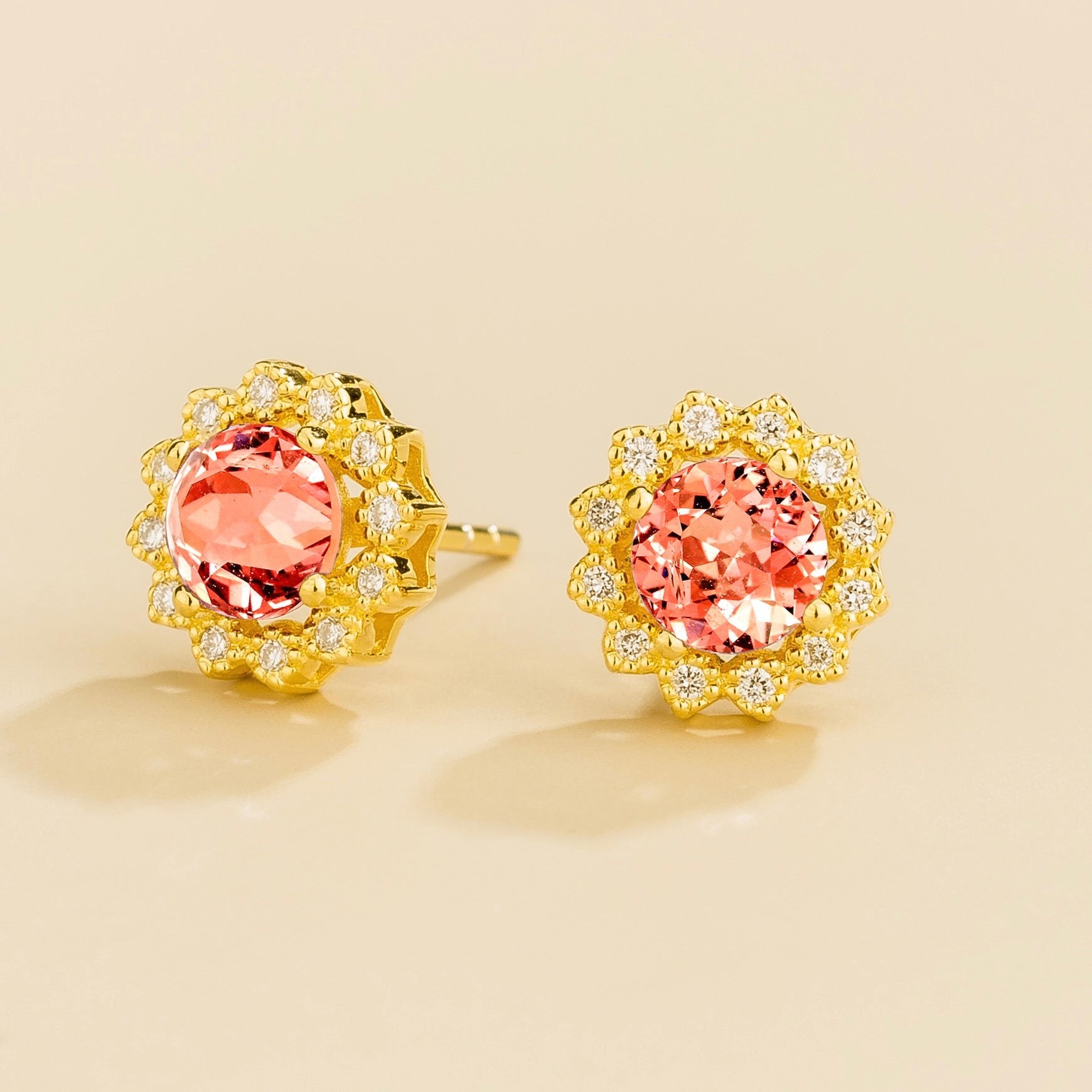 Solen Padparadscha Sapphire Round & Diamond Halo Stud Earrings in Gold