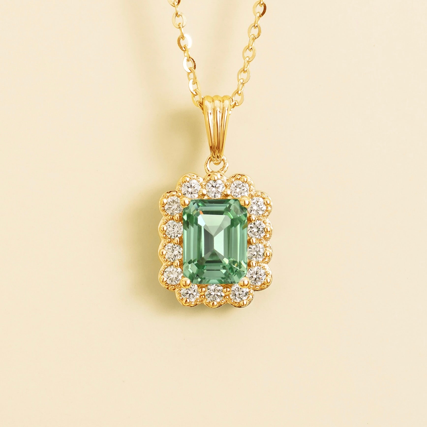 Verda Green Sapphire Emerald-Cut & Diamond Halo Pendant Necklace in Gold