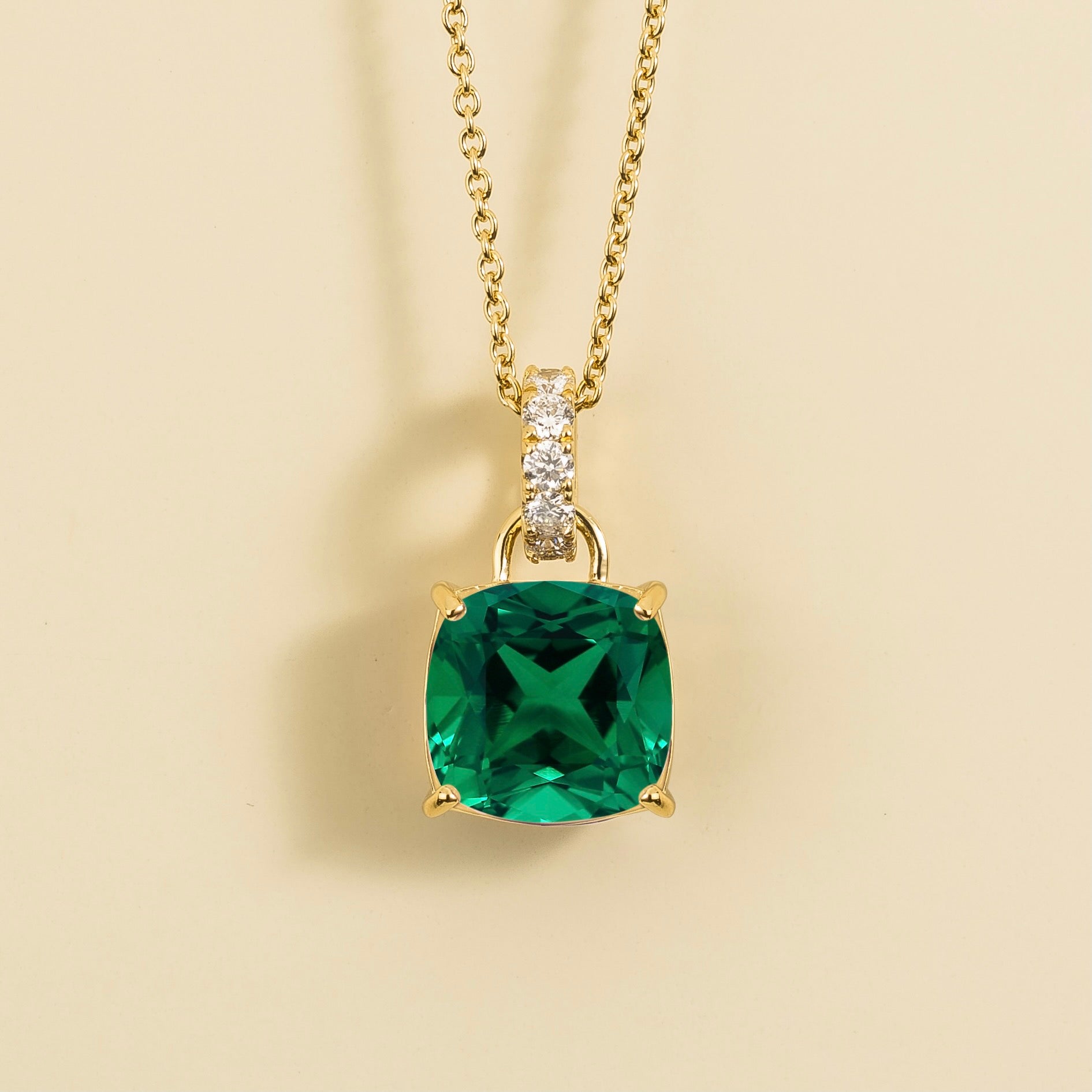 Oreol Emerald Cushion Cut & Diamond Hoop Pendant Necklace in Gold