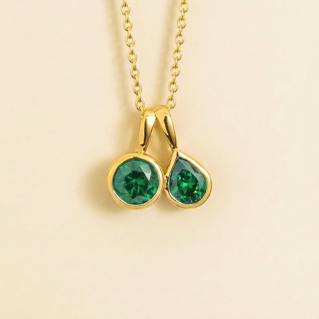 Prunus Emerald Round & Pear Cut Bezel Set Two-Stone Pendant Gold Necklace