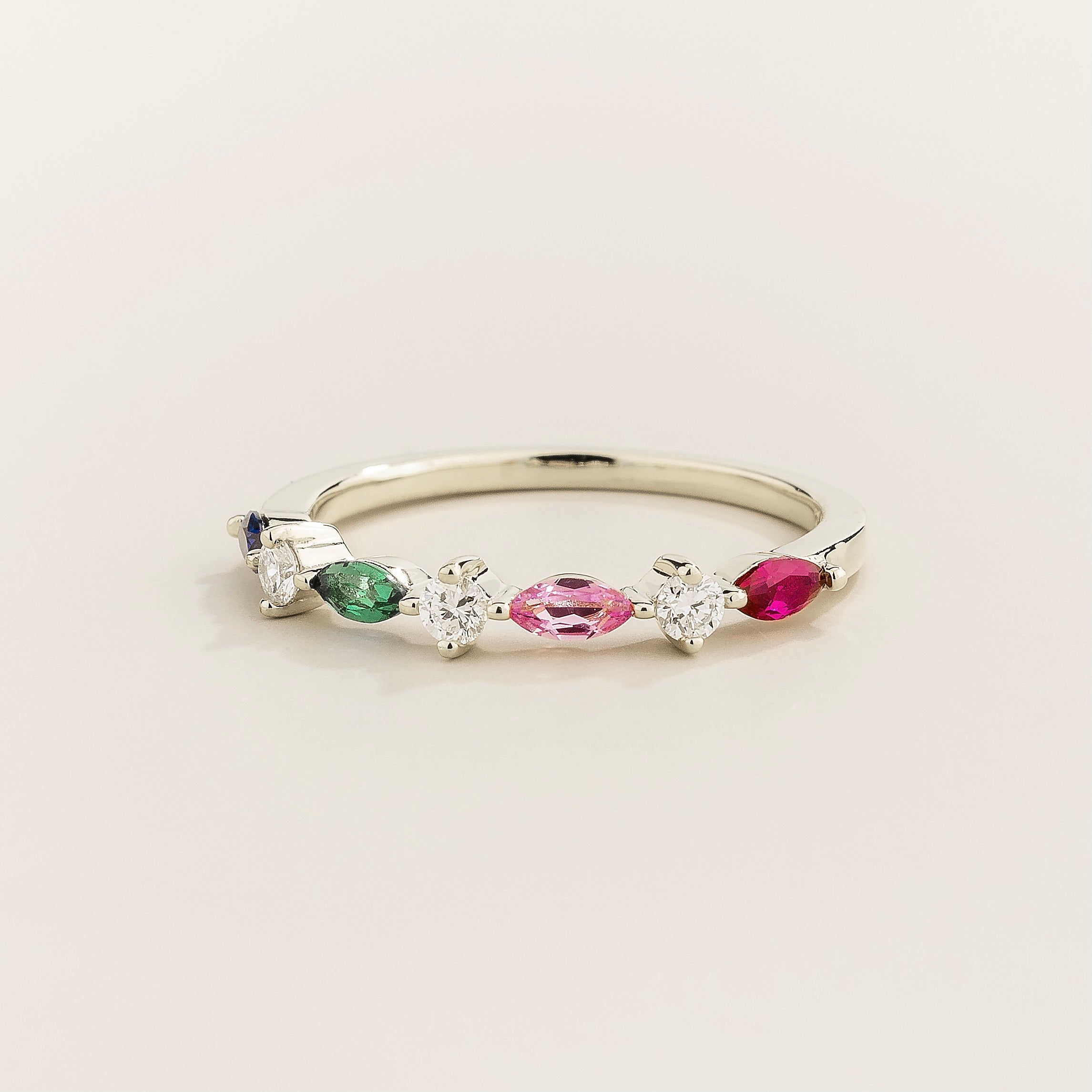 Marquise Ruby, Pink sapphire, Emerald, Blue sapphire & Diamond Half Eternity Band White Gold Ring