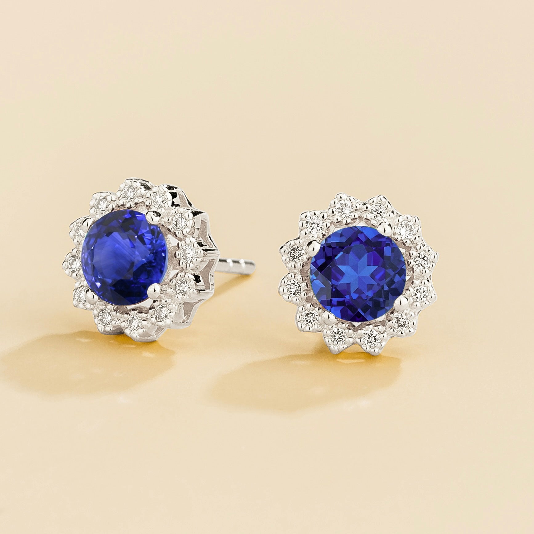Solen Blue Sapphire Round & Diamond Halo Stud Earrings in White Gold