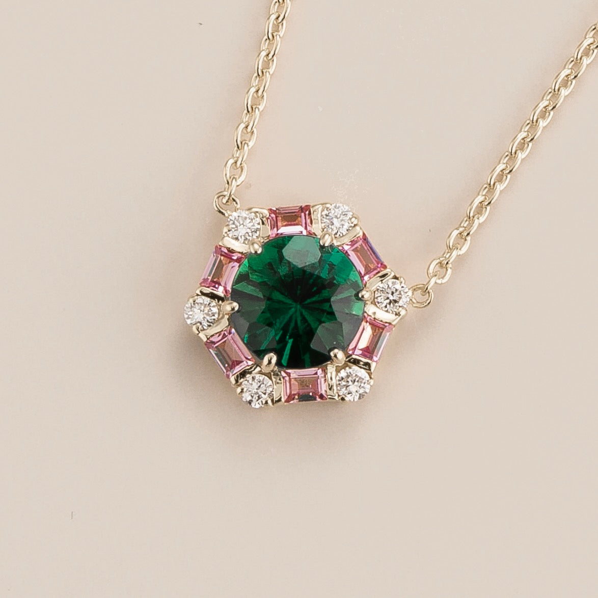Melba Emerald, Pink Sapphire & Diamond Halo Hexagon Pendant Necklace in White Gold