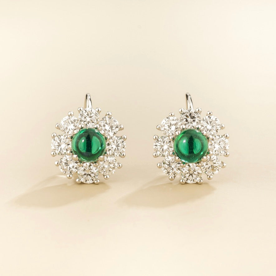 Lisa Round Cabochon Emerald Halo Leverback Earrings in White Gold