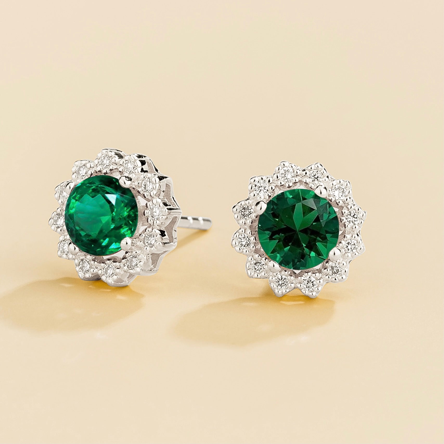 Solen Emerald Round & Diamond Halo Stud Earrings in White Gold