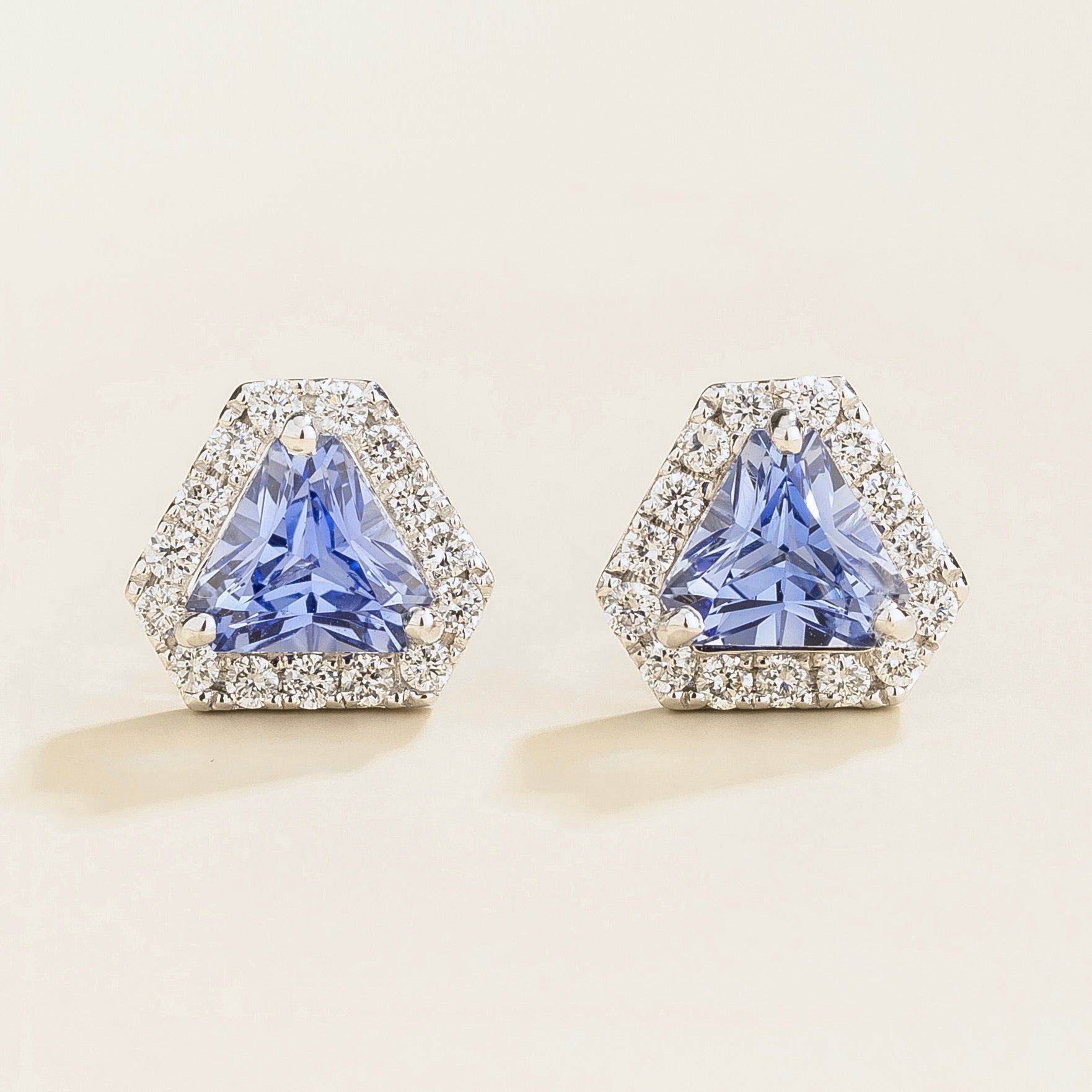 Diana Pastel Blue Sapphire Triangle Cut & Diamond Halo Stud Earrings in White Gold