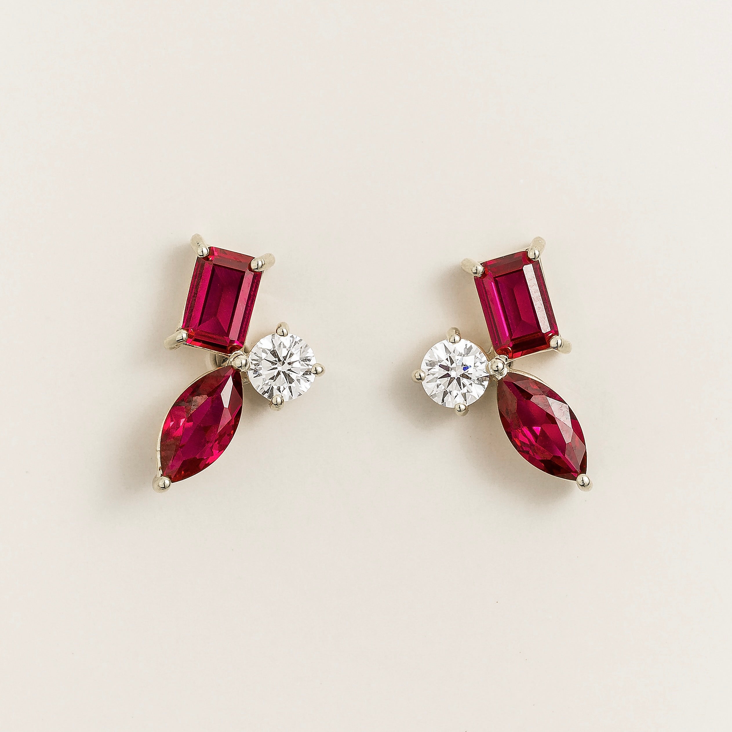 Sanka Ruby & Diamond Three Stone Earrings in White Gold