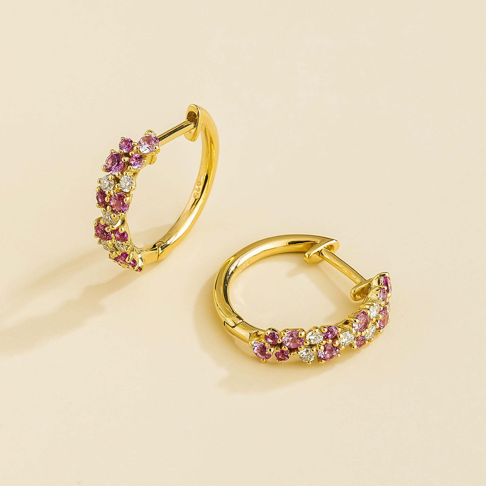 Starry Pink Sapphire & Diamond Cluster Huggie Hoop Earrings in Gold