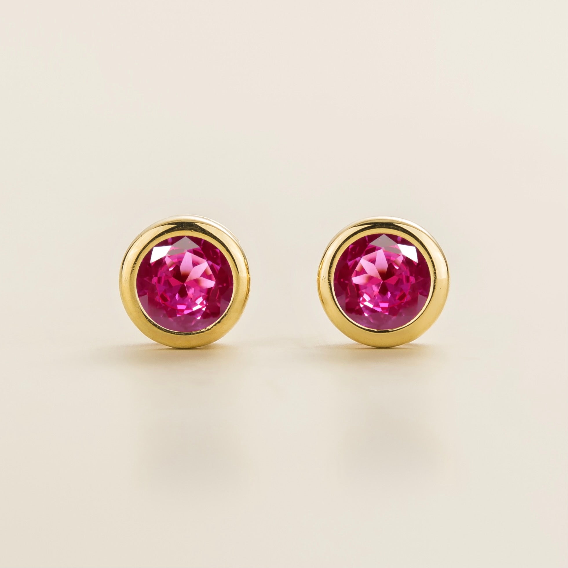 Margo Vivid Pink Sapphire Round Bazel Set Gold Earrings