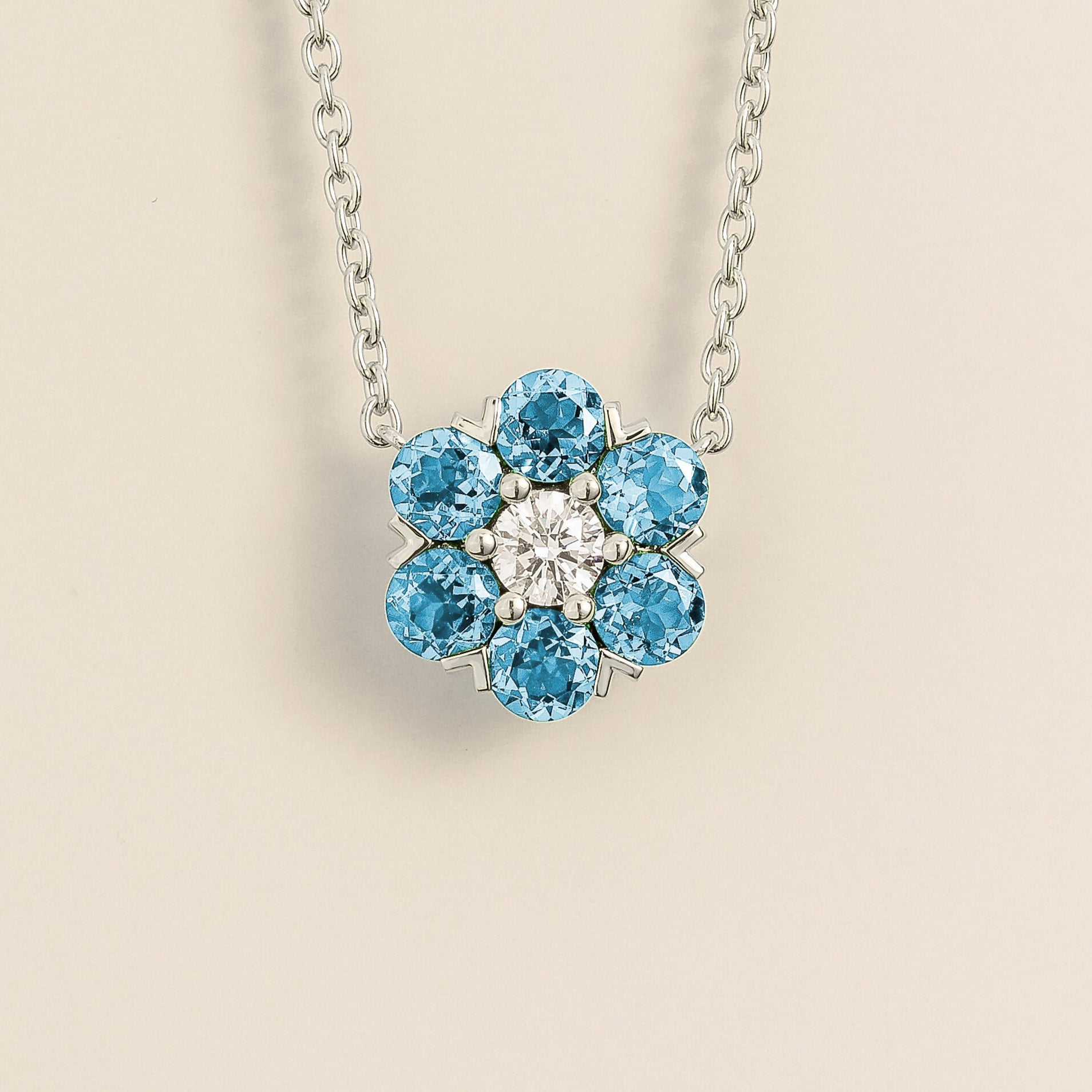 Cinq Aquamarine & Diamond Flower Pendant Necklace in White Gold