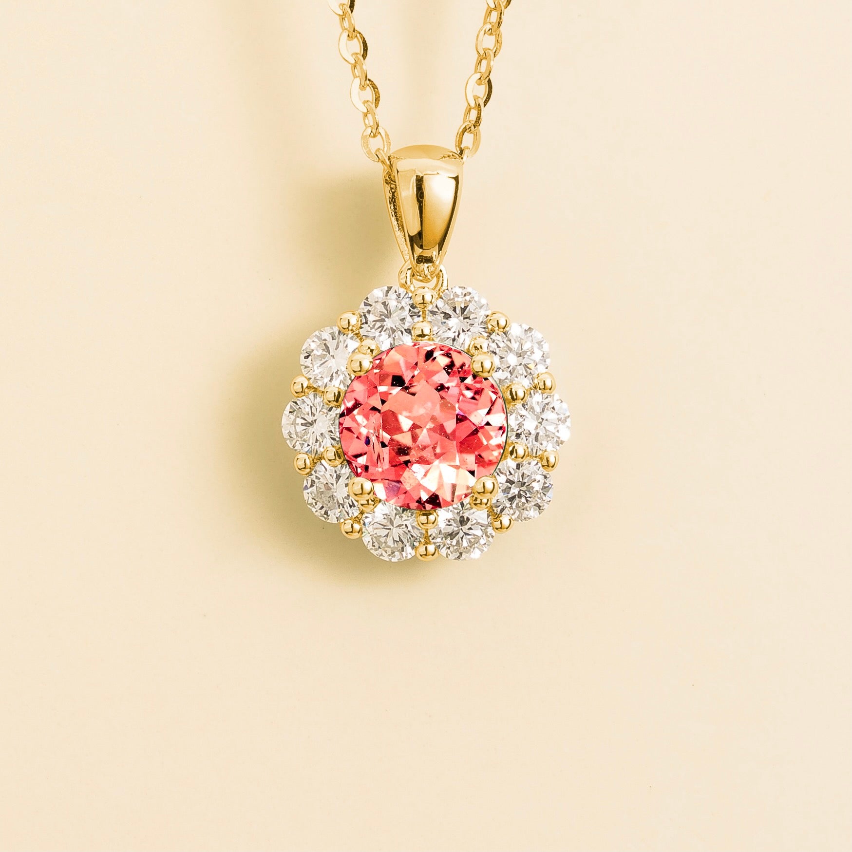Floret Padparadscha Sapphire Round & Diamond Halo Pendant Necklace in Gold