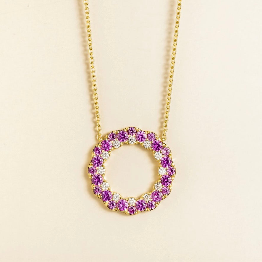 Starry Pink Sapphire & Diamond Eternity Circle Pendant Necklace In Gold