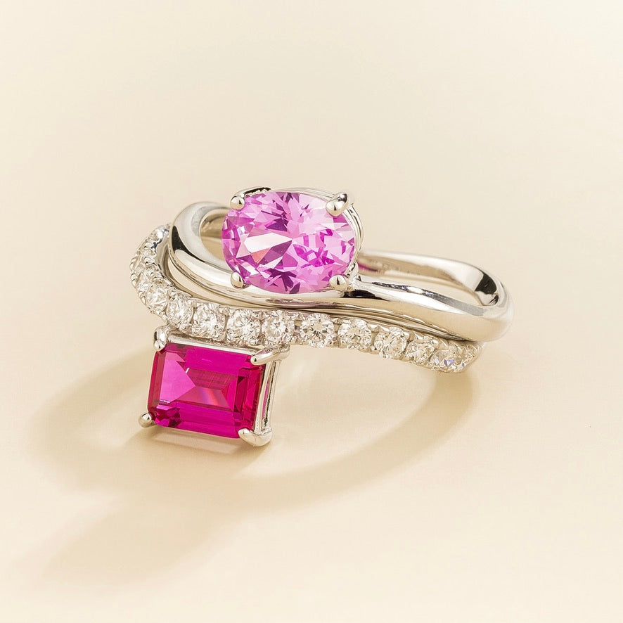 Luno Vivid Pink Sapphire Oval Solitaire Curved Band Ring in White Gold