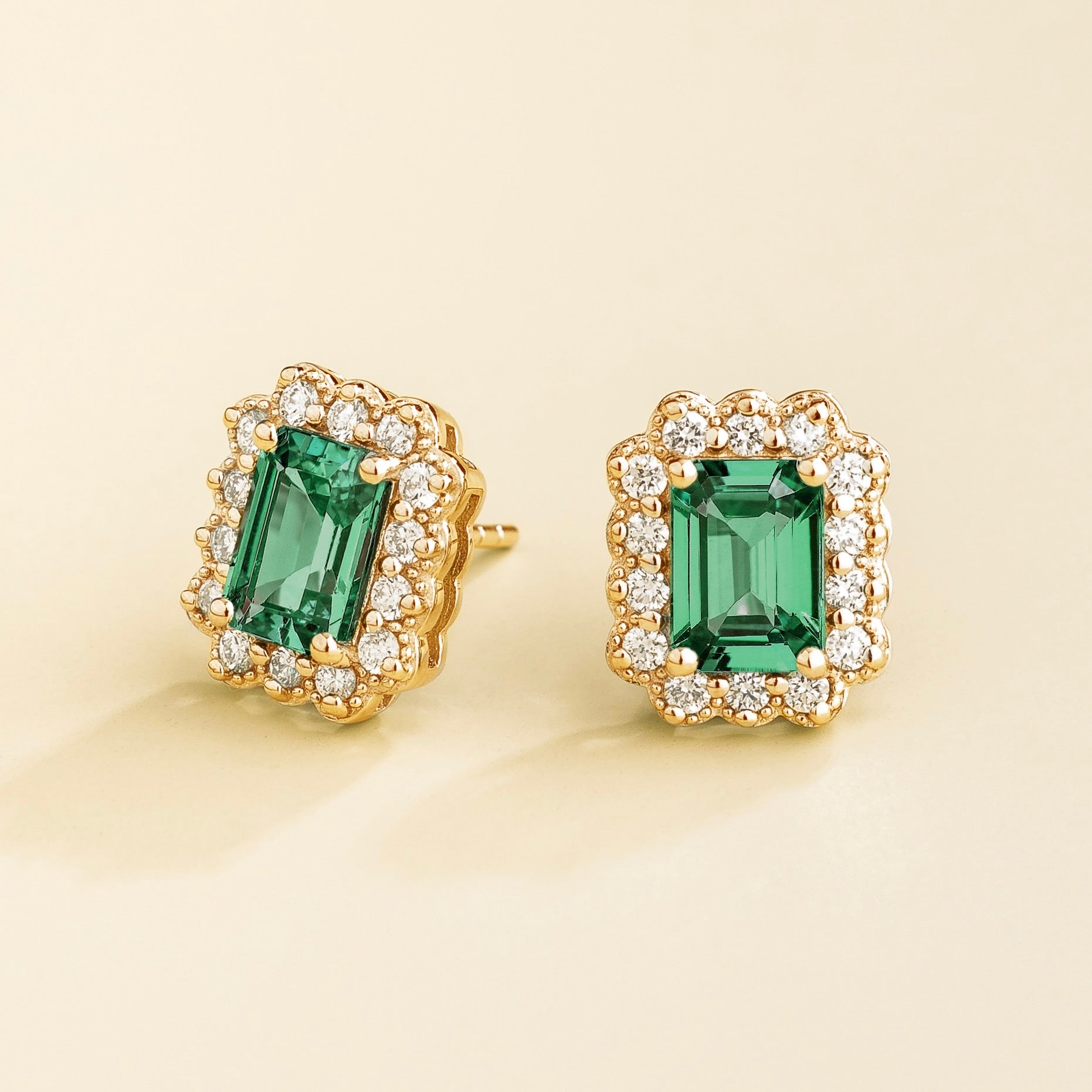 Verda Emerald Emerald-Cut & Diamond Halo Stud Earrings in Gold