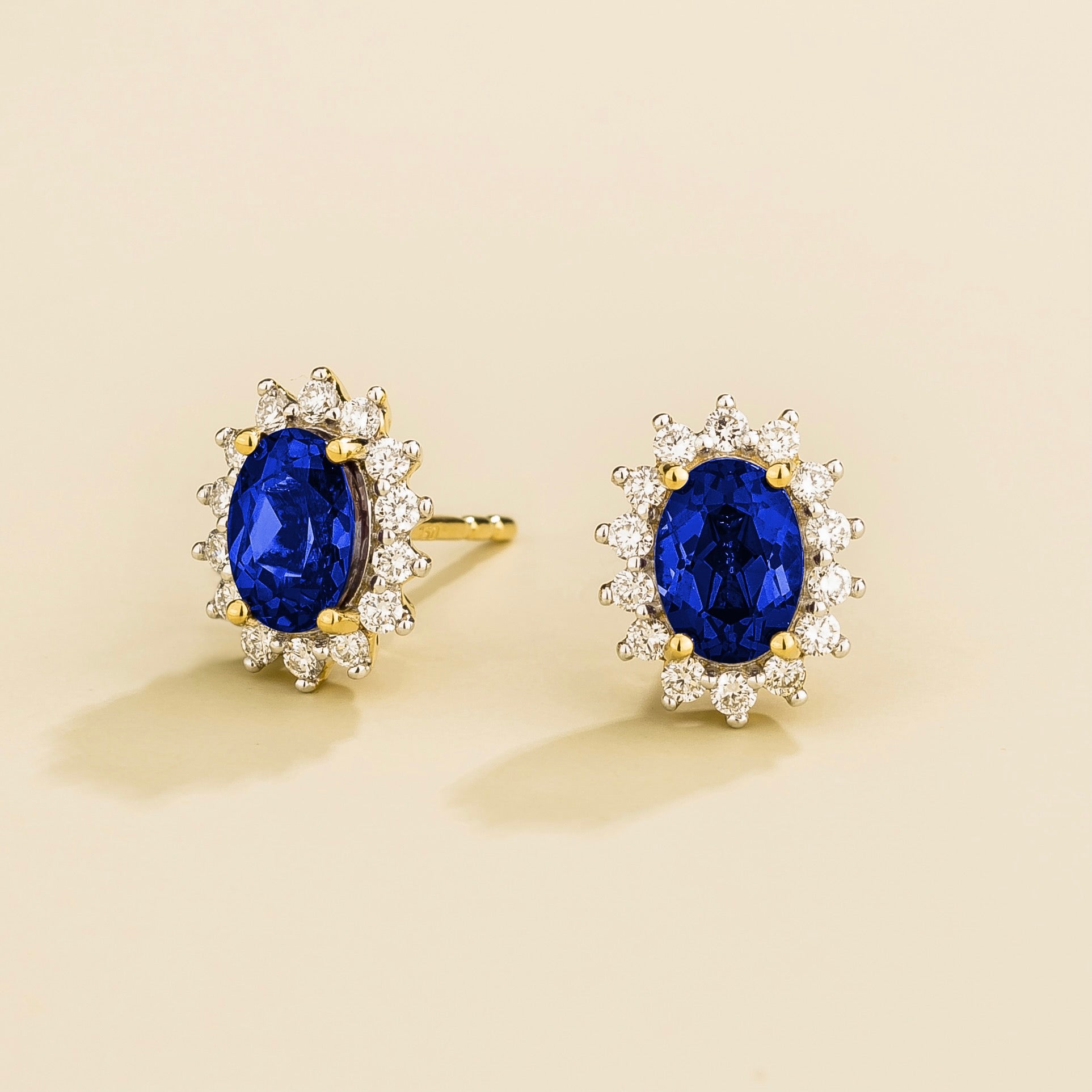Divo Oval Blue Sapphire & Diamond Halo Gold Earrings