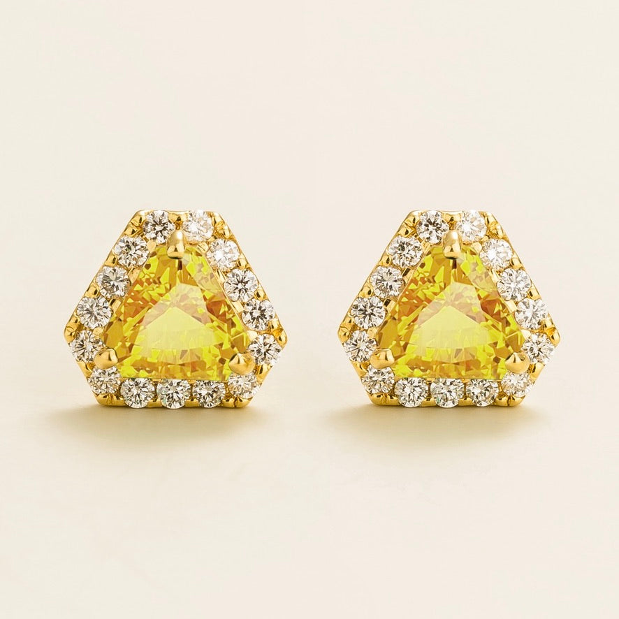 Triangle-cut lab-grown yellow sapphire and diamond halo stud earrings, Diana design in gold | Juvetti London