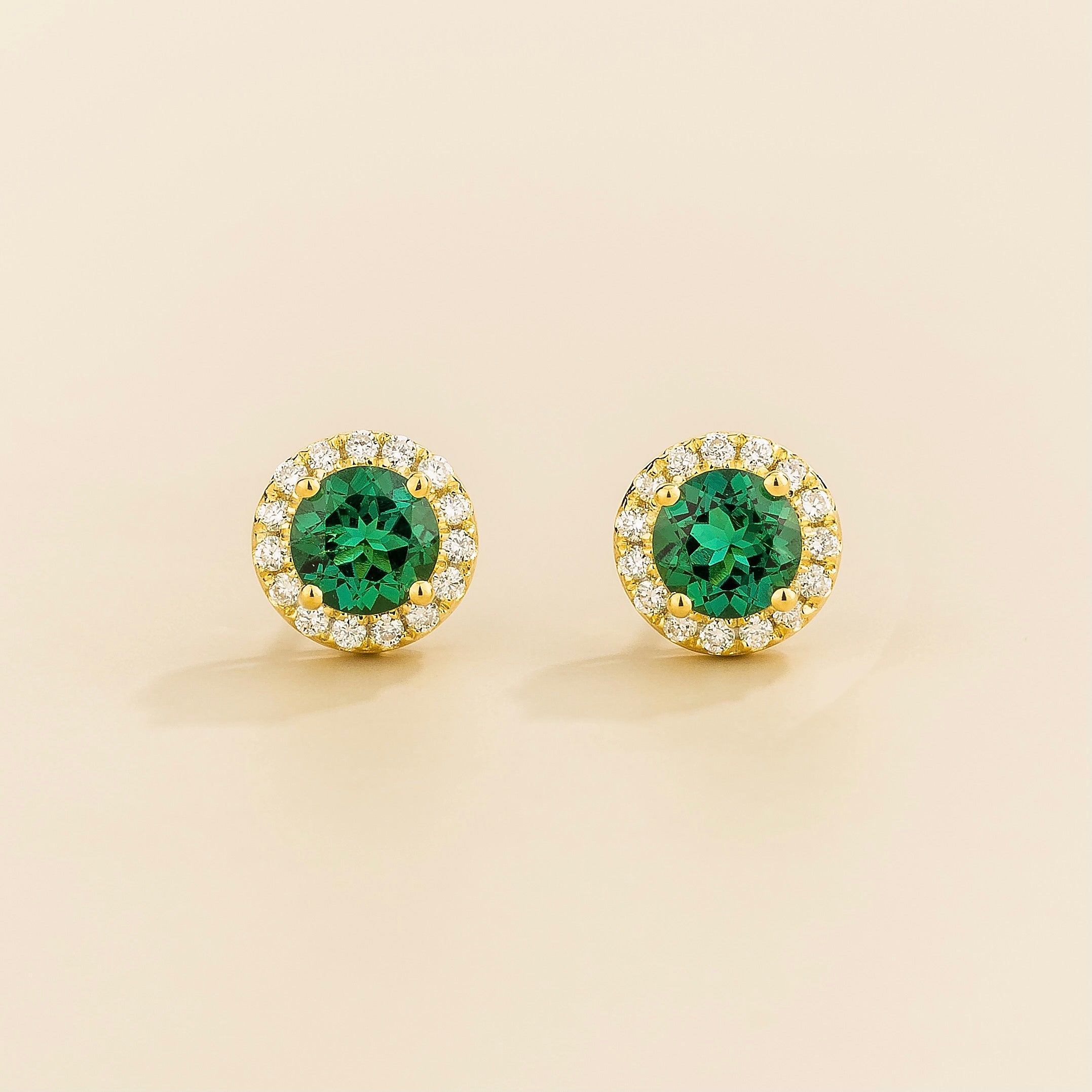 Mars Emerald Round & Diamond Halo Earrings In Gold