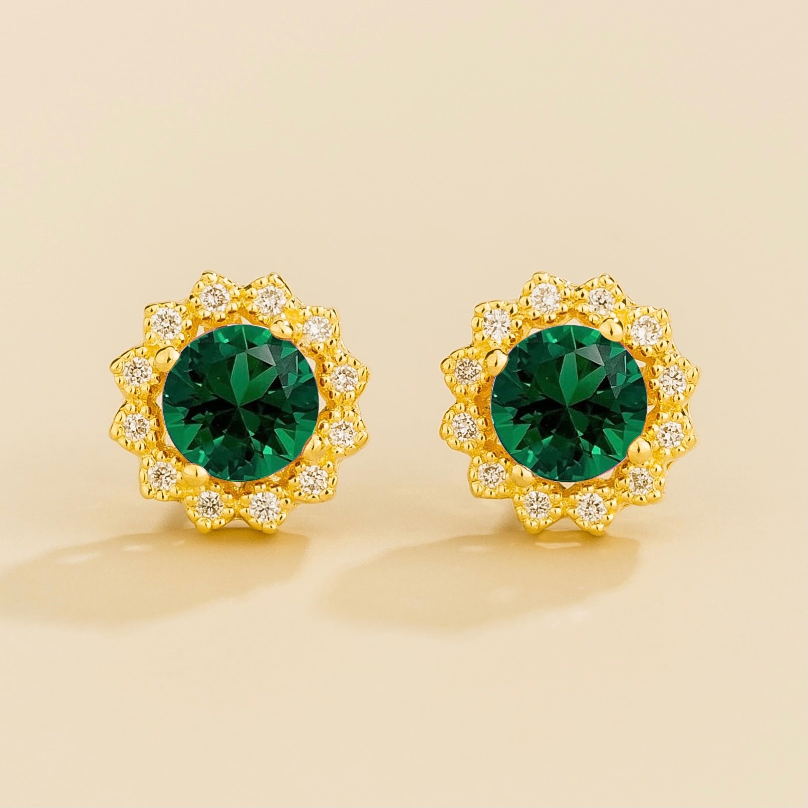 Solen Emerald Round & Diamond Halo Stud Earrings in Gold