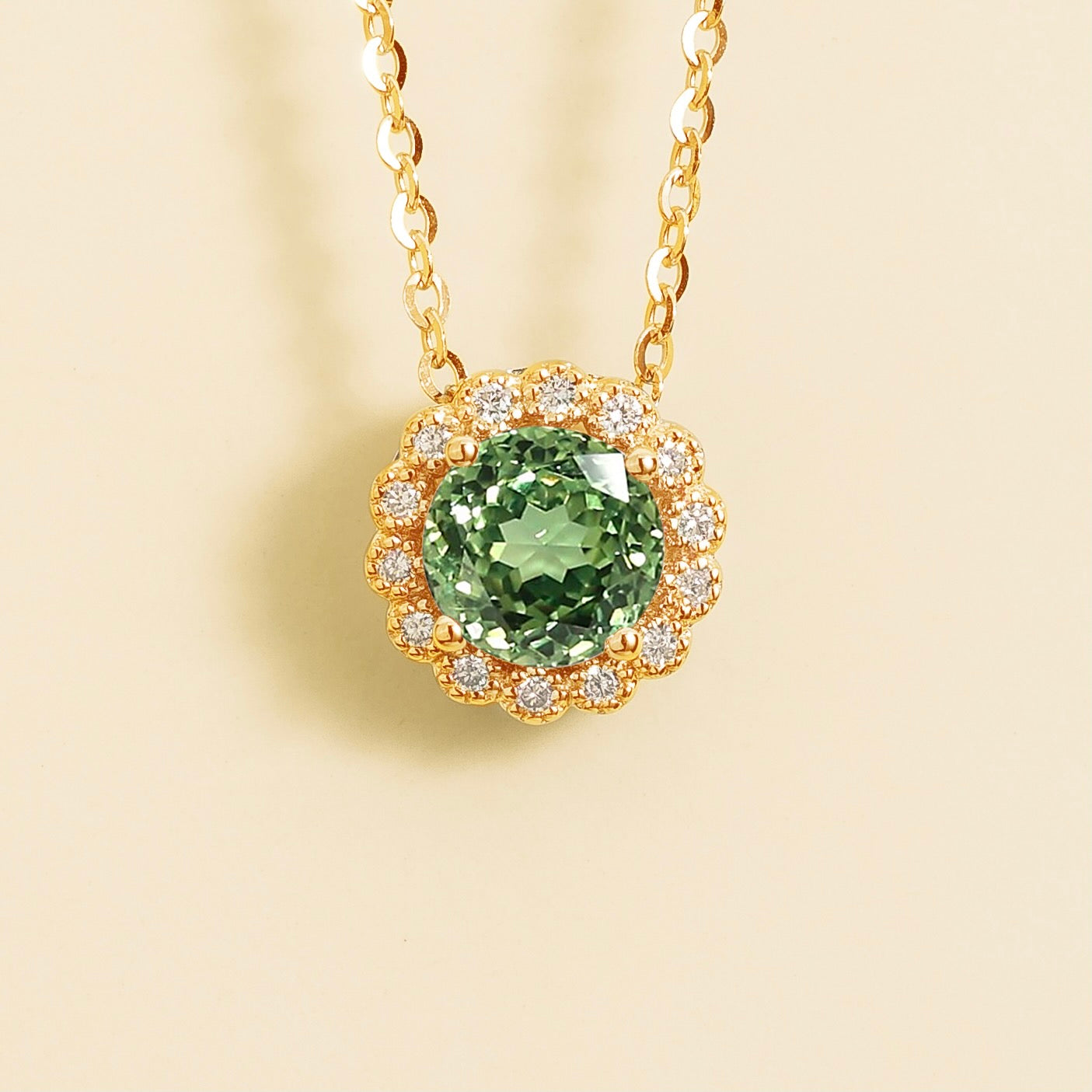 Solen Green Sapphire Round & Diamond Halo Pendant Necklace in Gold