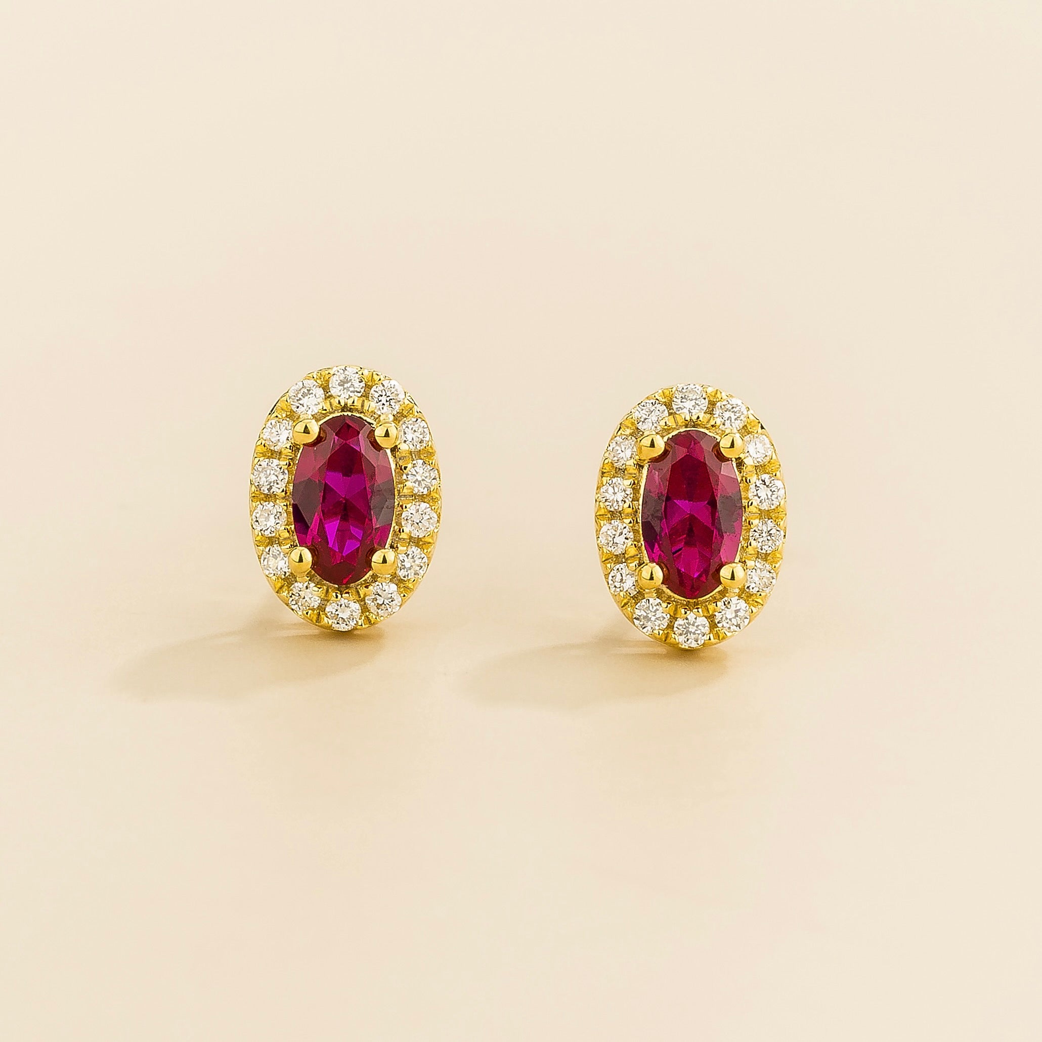 Mina Oval Ruby & Diamond Halo Earrings In Gold - Mini