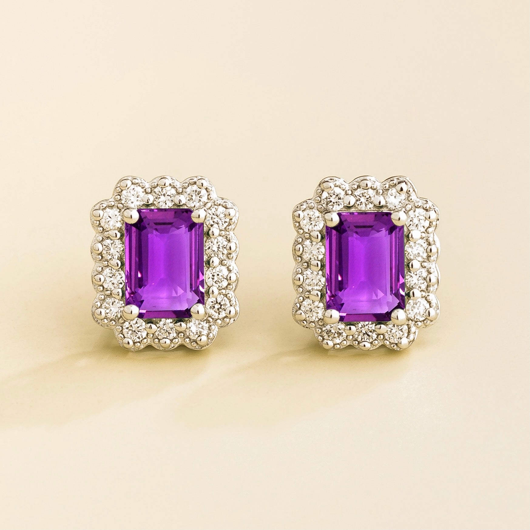 Verda Purple Sapphire Emerald-Cut & Diamond Halo Stud Earrings in White Gold