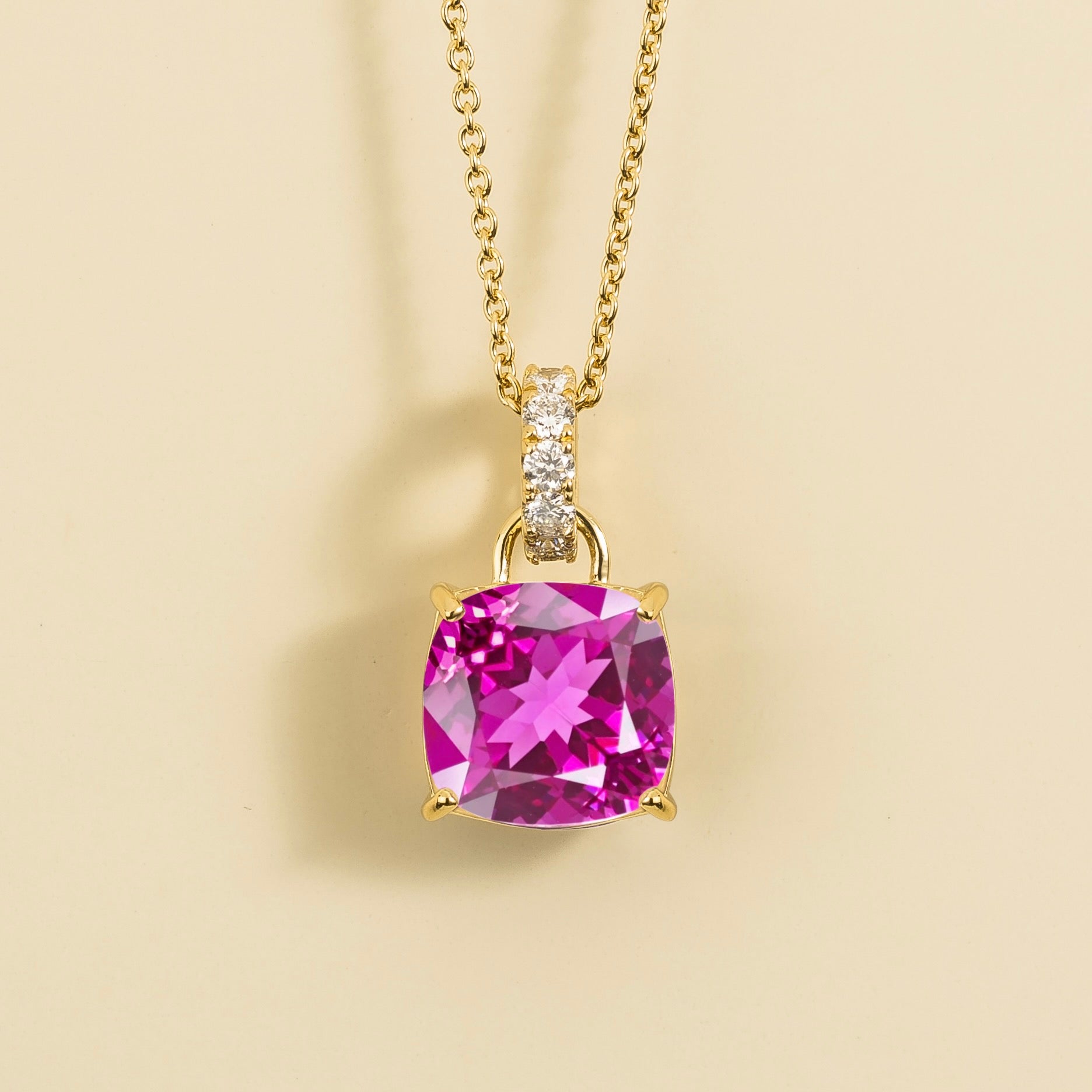 Oreol Vivid Pink Sapphire Cushion Cut & Diamond Hoop Pendant Necklace in Gold