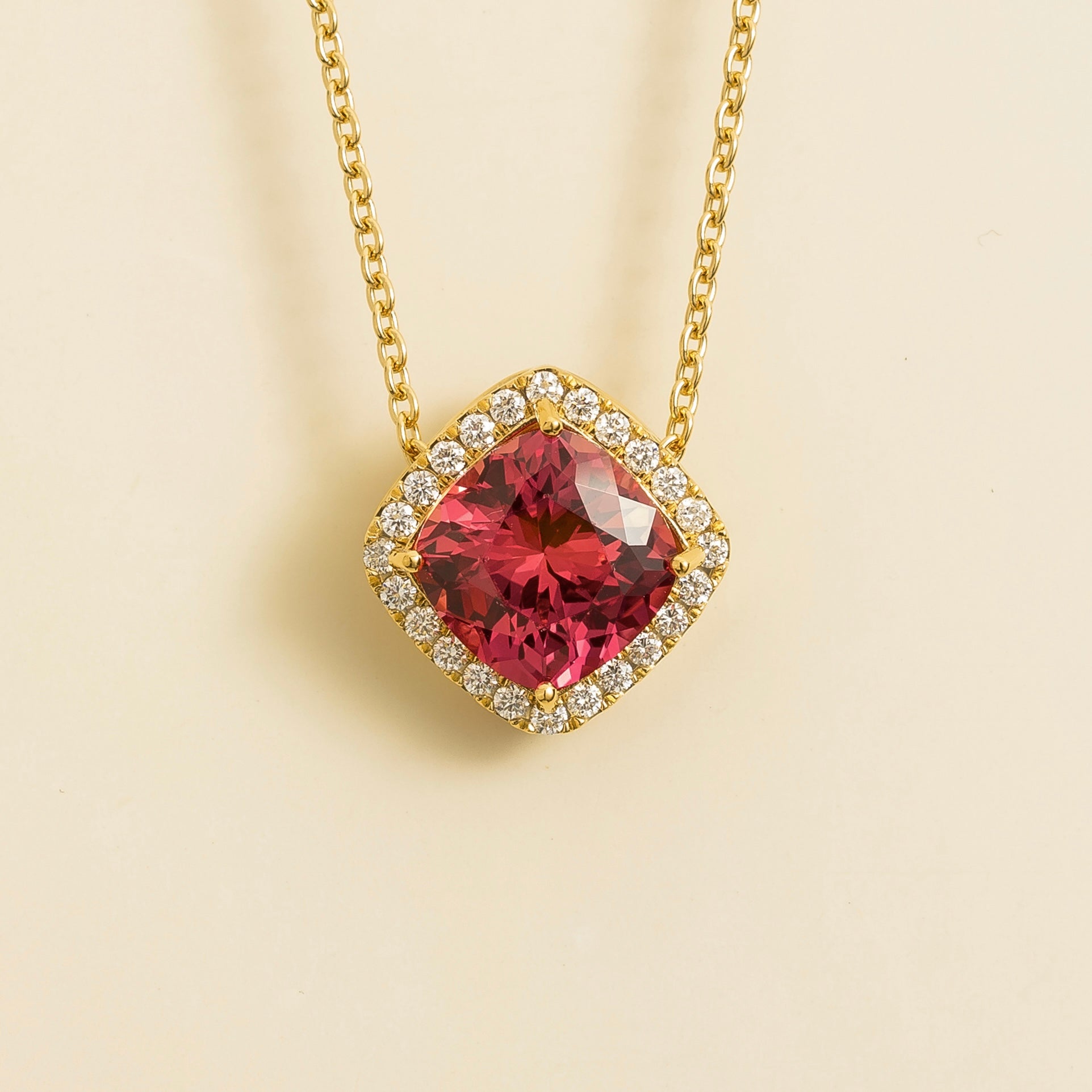 Pude Padparadscha Sapphire Cushion Cut & Diamond Halo Gold Necklace