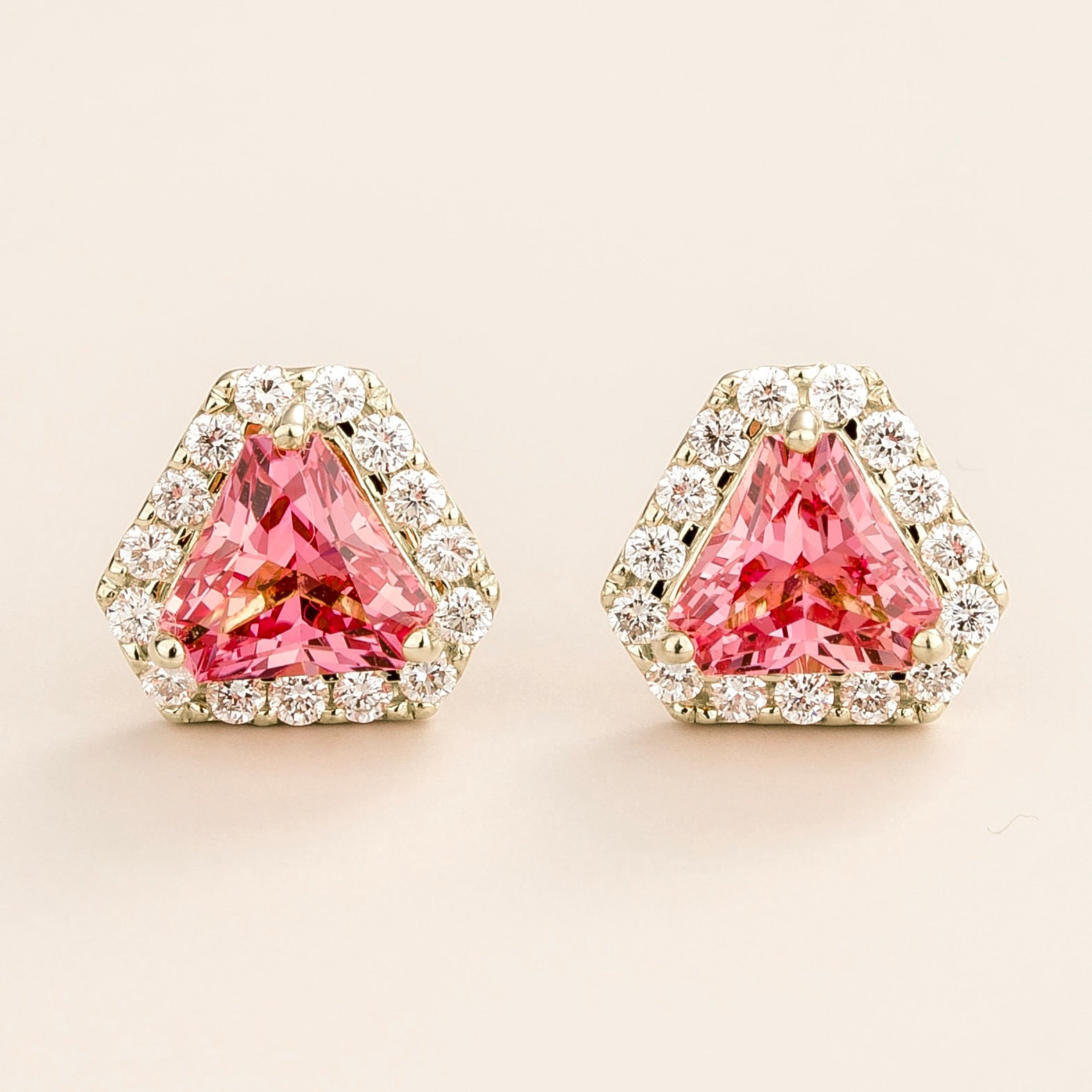 Diana Padparadscha Sapphire Triangle Cut & Diamond Halo Stud Earrings in White Gold