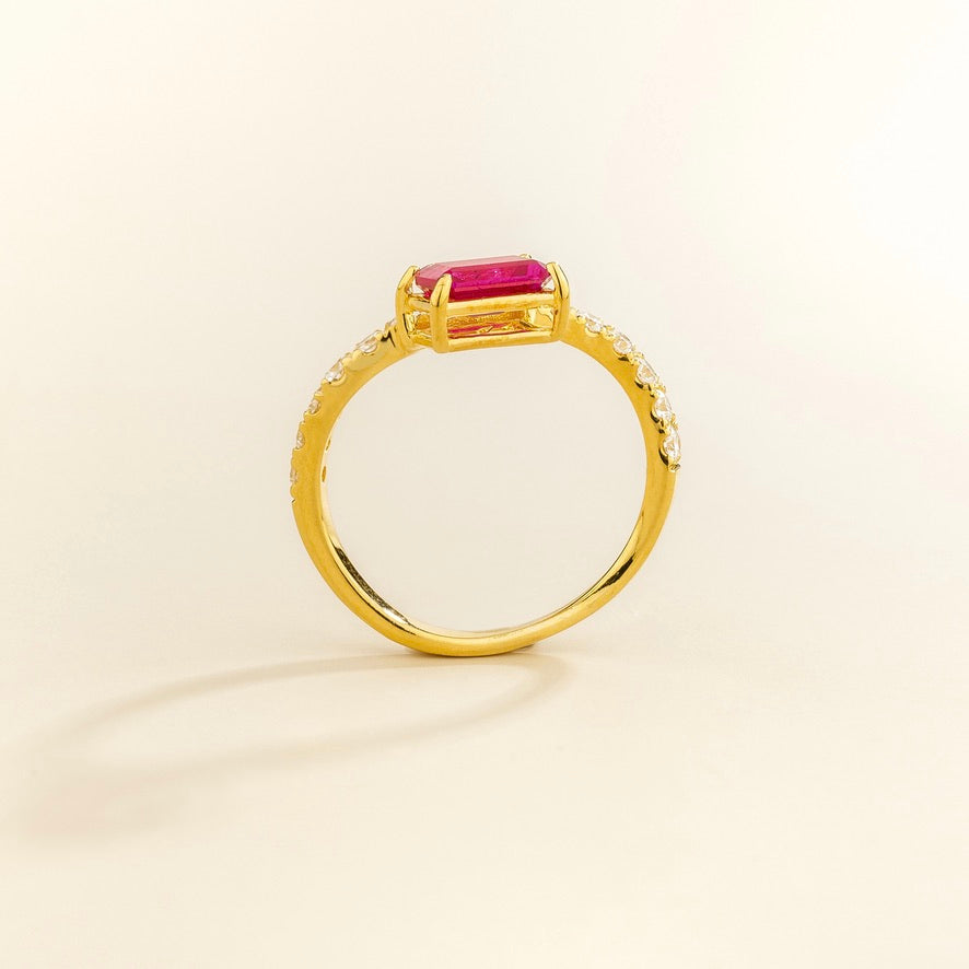 Luno Vivid Pink Sapphire Emerald-Cut & Diamond Pavé Curved Band Ring in Gold